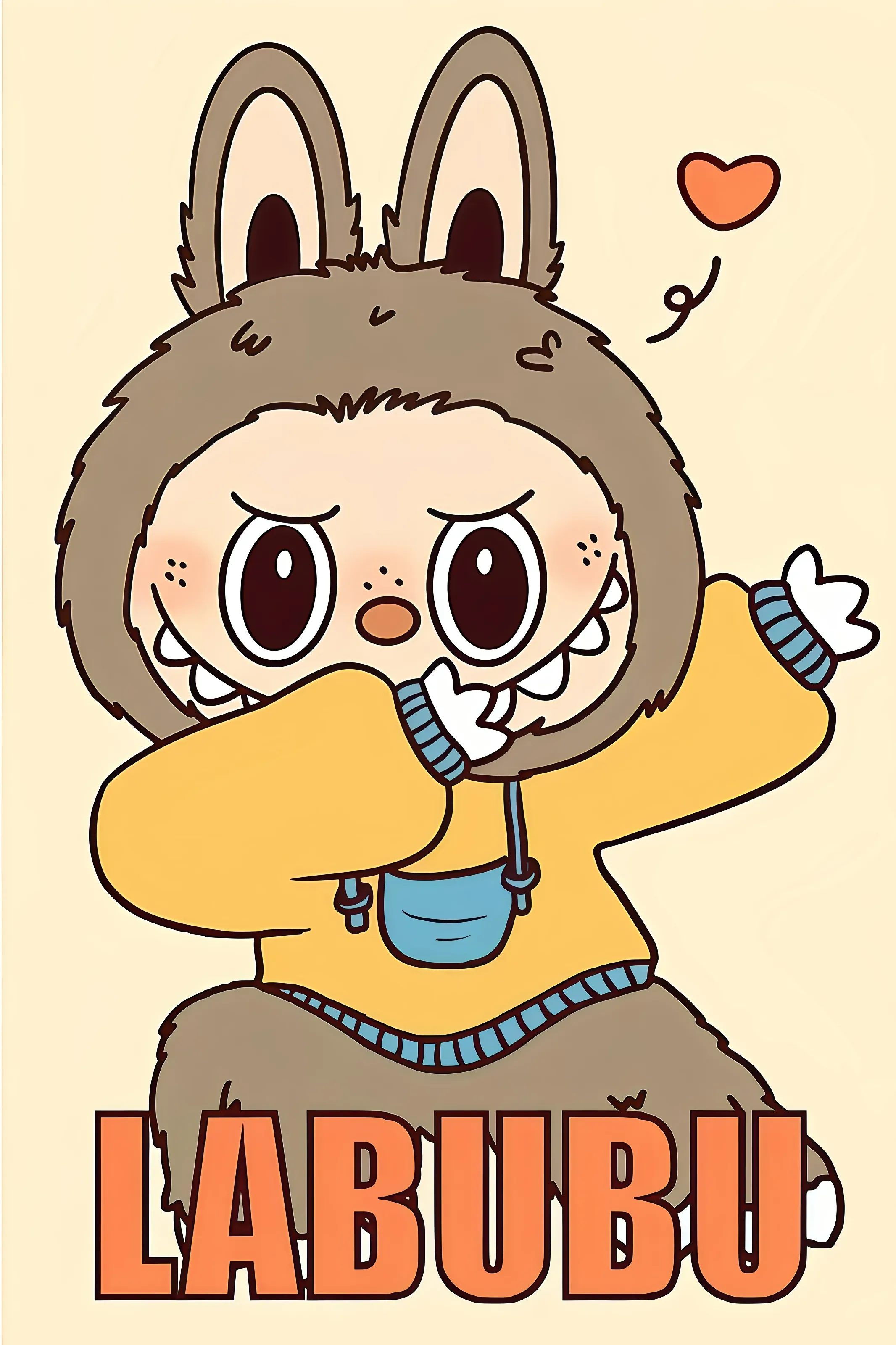 Labubu dabbing in yellow sweater with heart and blue pouch on cream background