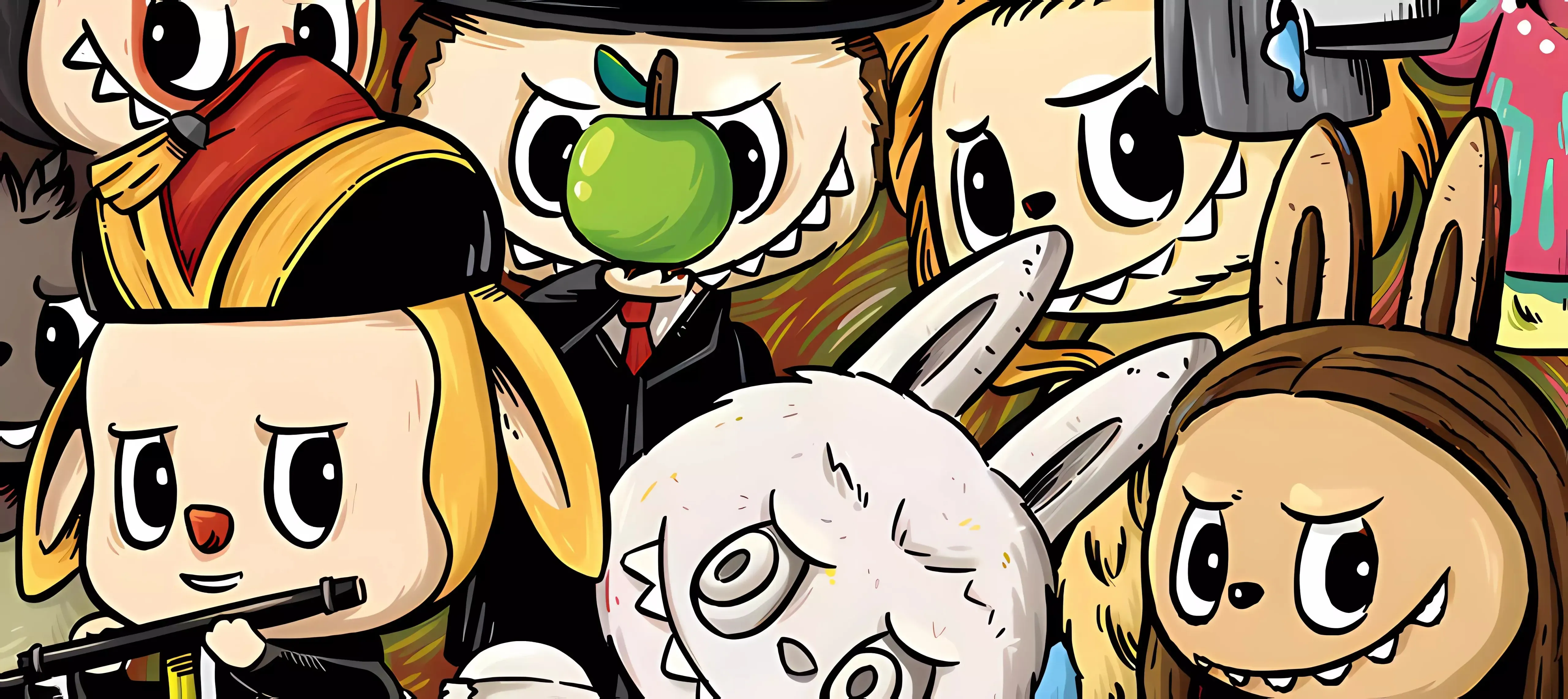 Labubu characters dressed as classic artworks in a colorful cartoon illustration