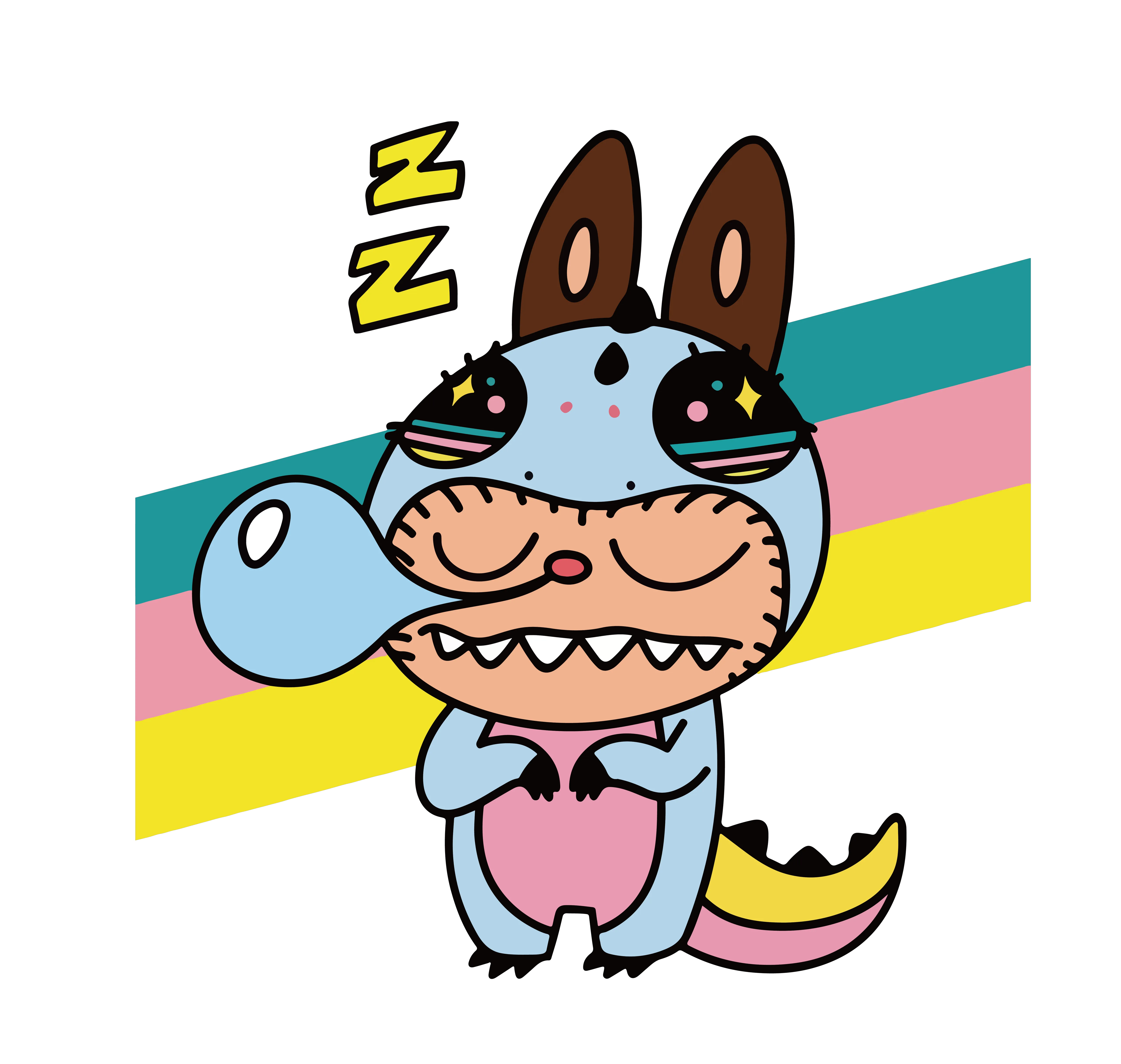 Blue dinosaur Labubu sleeping, brown ears, pastel stripes, kawaii cartoon