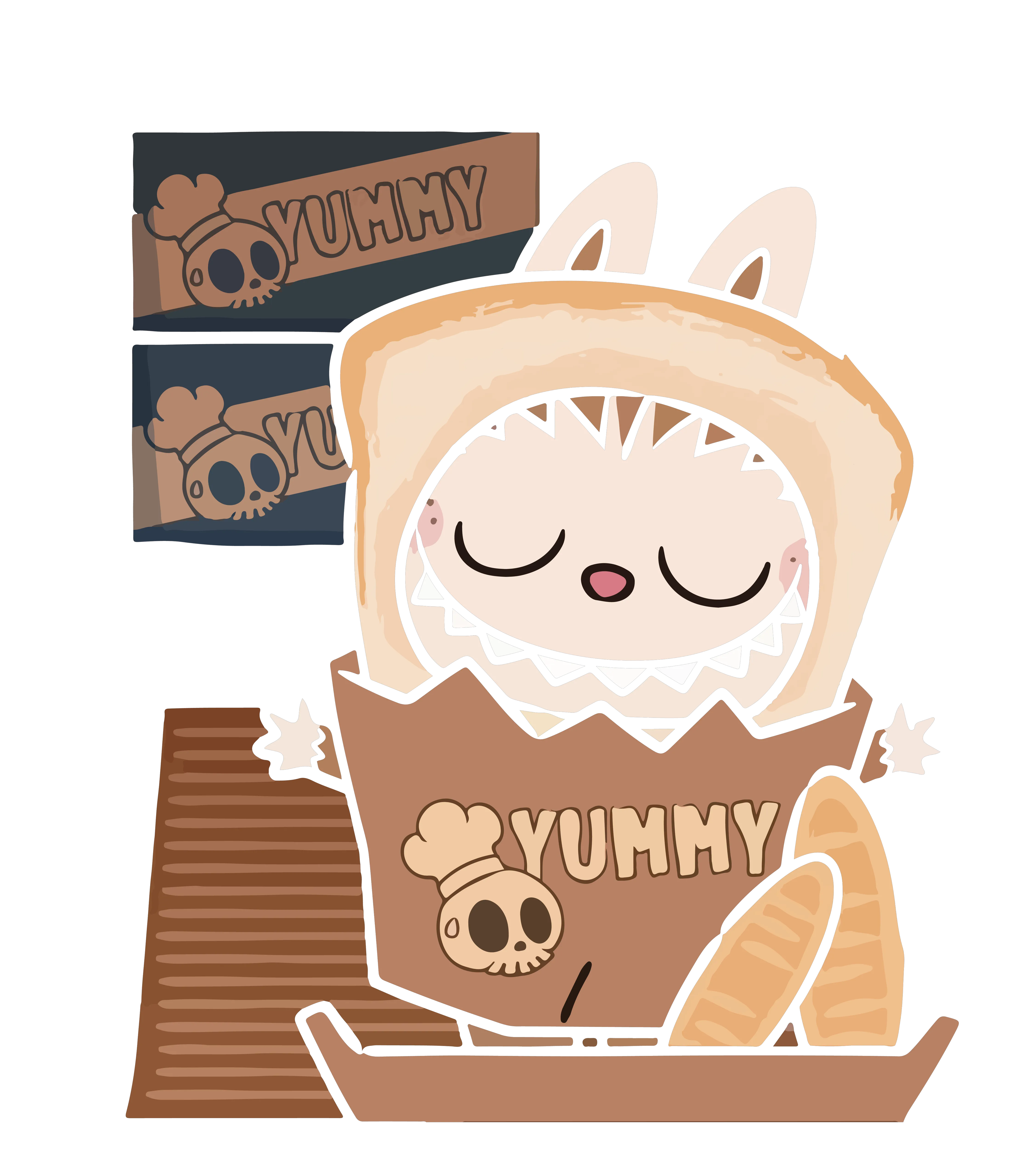 Labubu in bread hoodie, YUMMY bread bag, cozy pastel bakery cartoon
