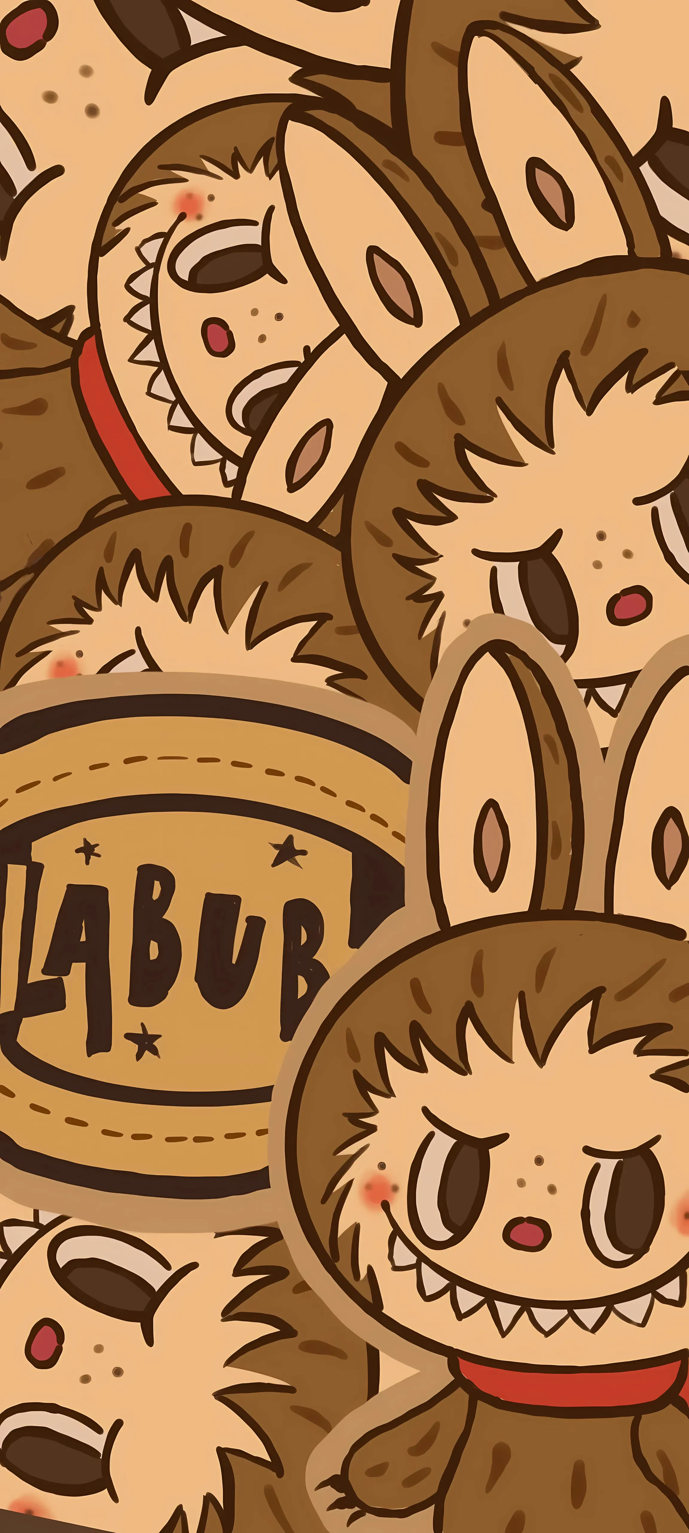 Pattern of brown Labubu with sleepy and mischievous faces, stitched label, doodle