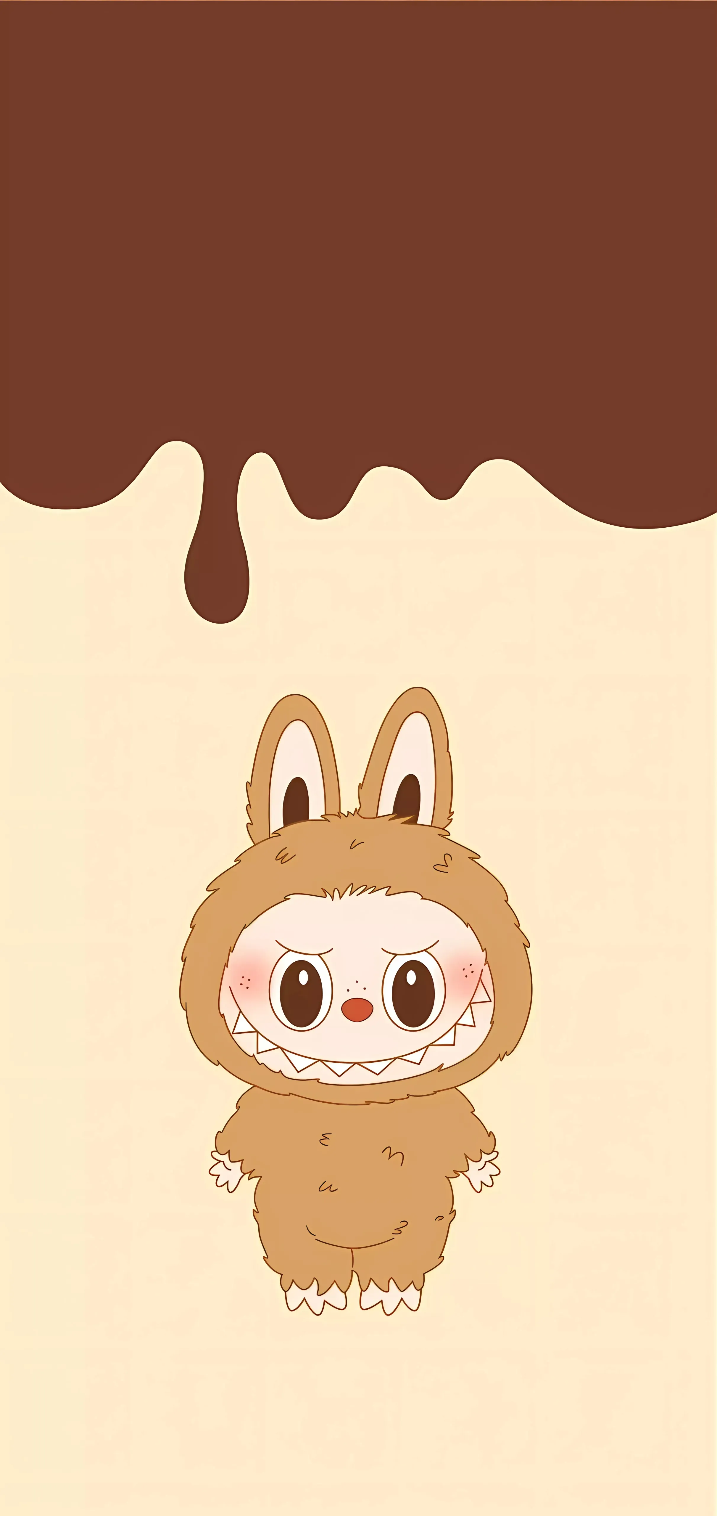 Labubu in brown bunny suit, chocolate dripping, creamy beige background, minimal