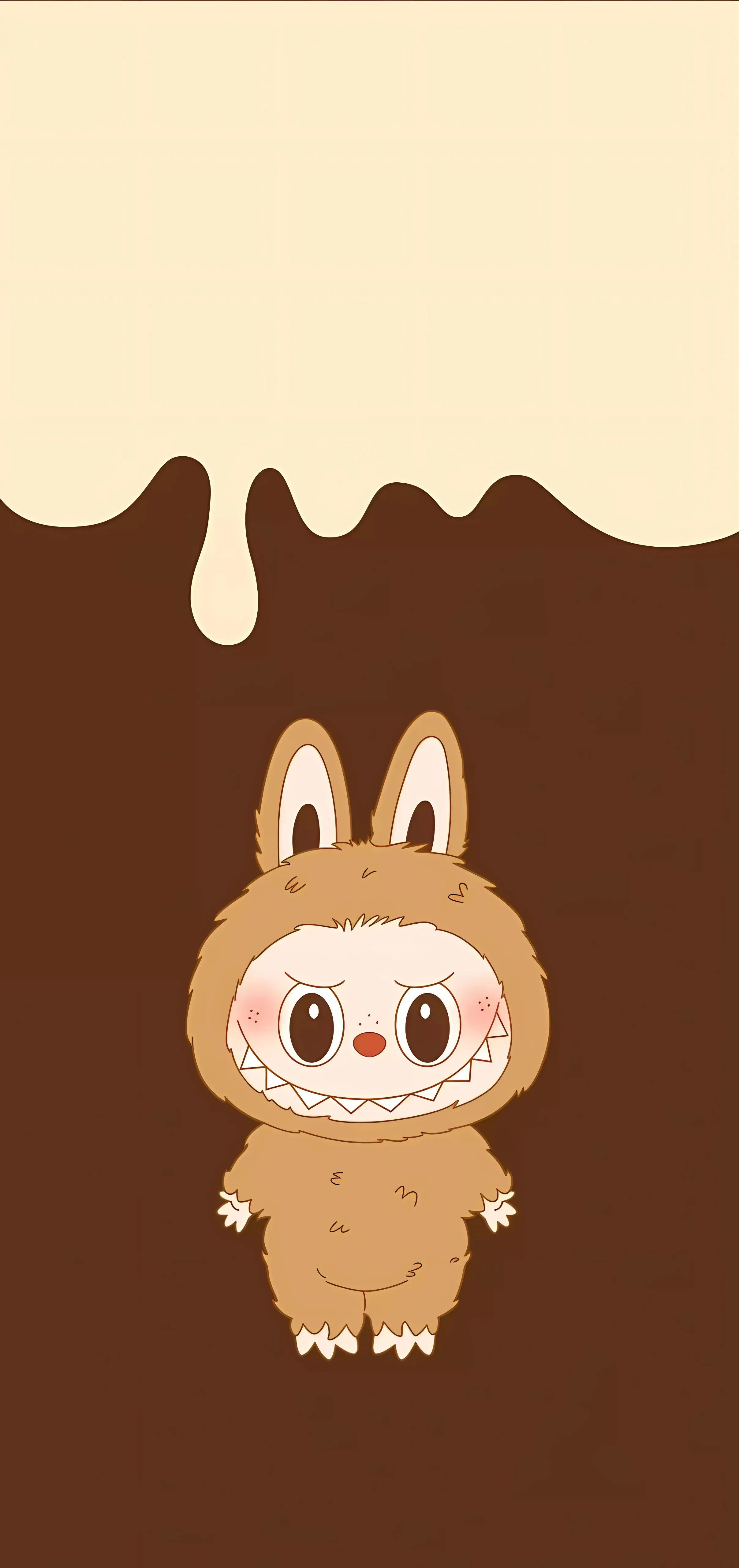 Labubu peeking in brown bunny suit, melted chocolate, beige background, cartoon