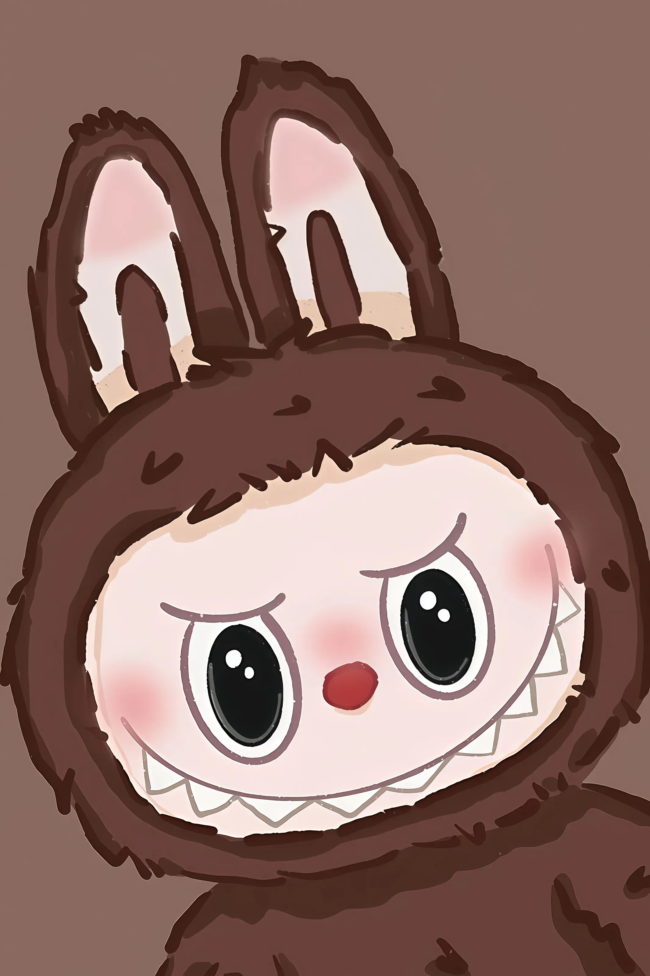 Close-up Labubu in brown bunny suit with black eyes and smirk, brown background
