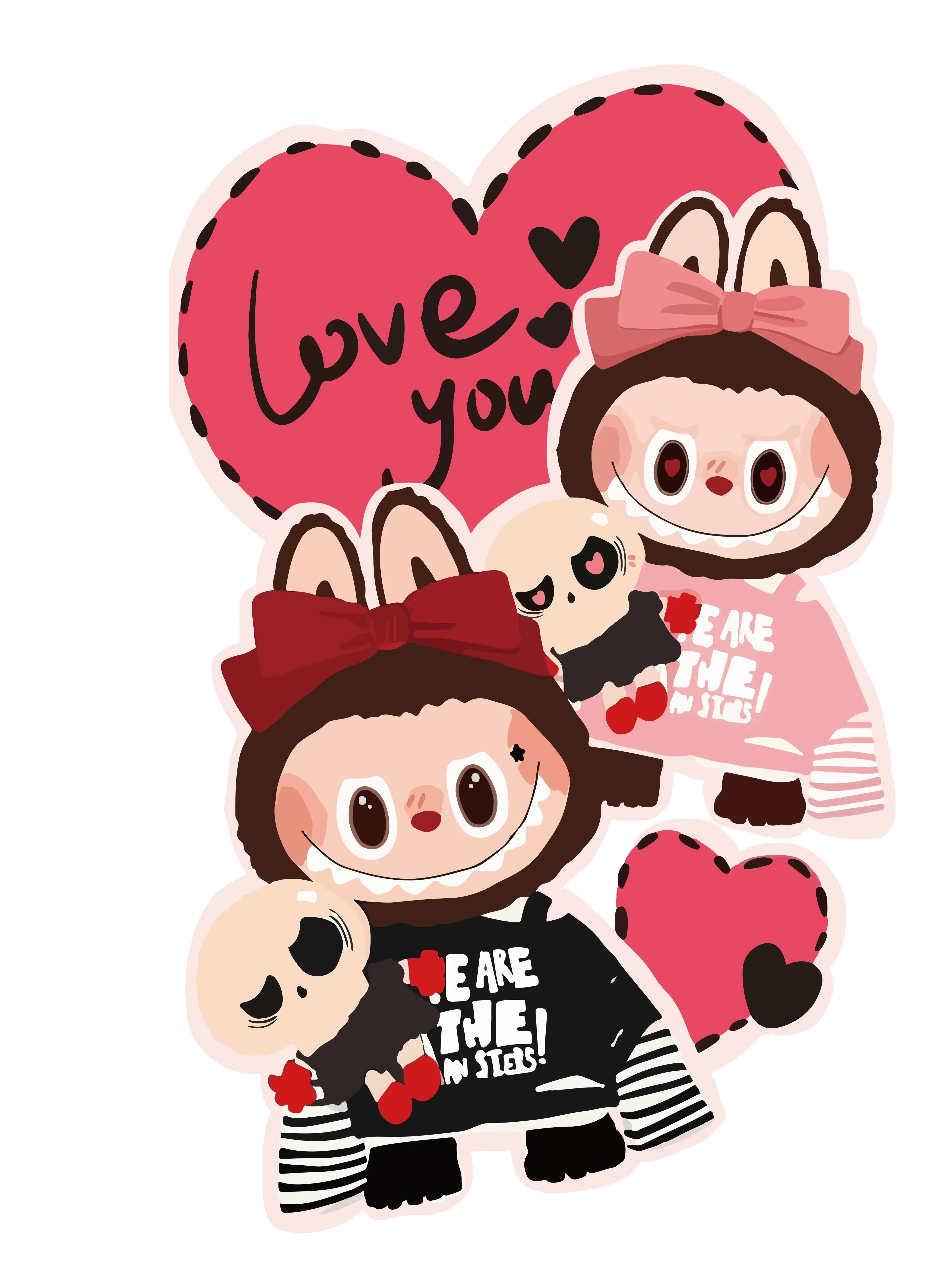 Two brown Labubu with hearts, bows, matching outfits, pink and red cartoon style
