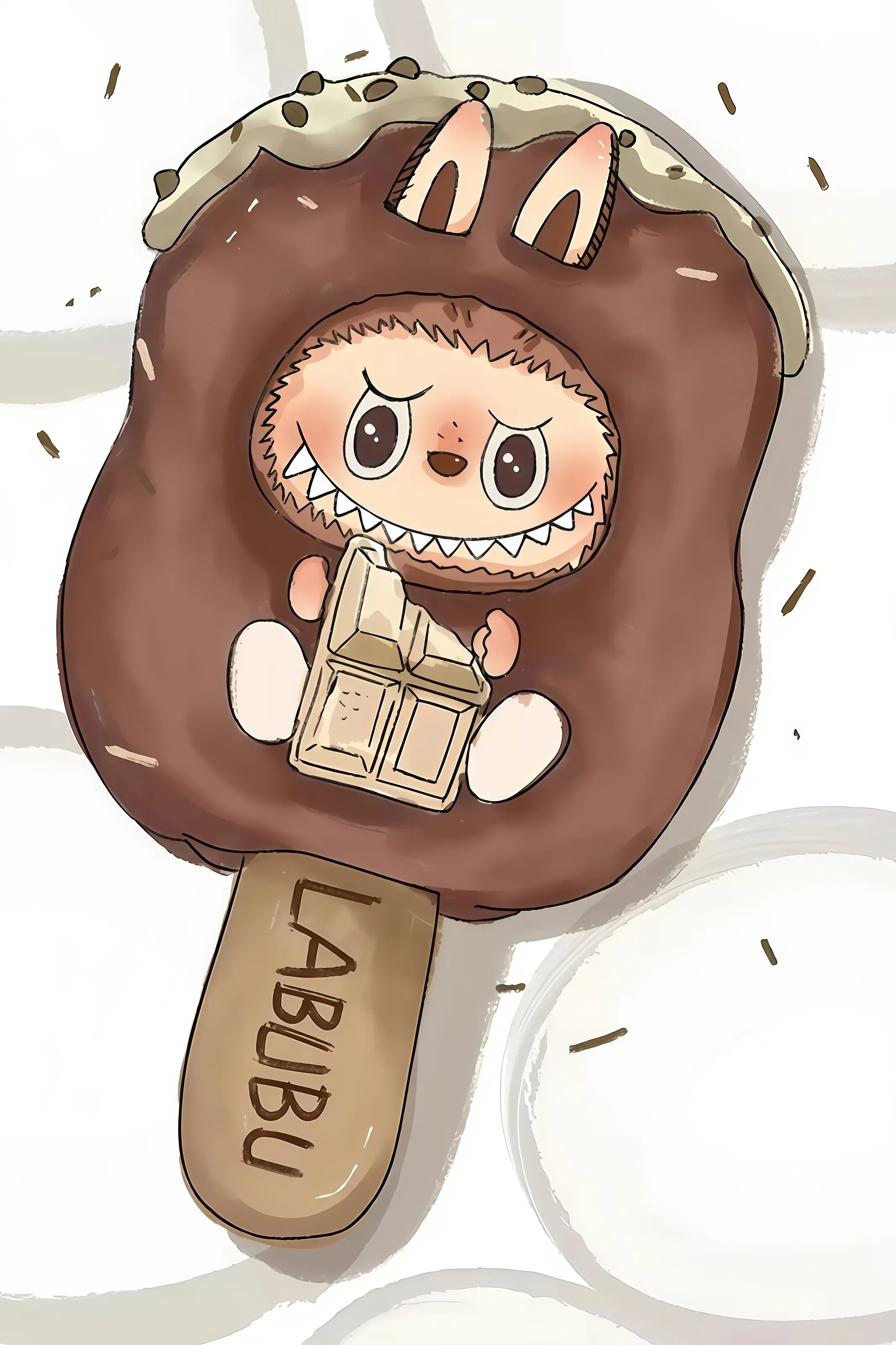 Labubu with light brown fur sitting in chocolate bar, holding chocolate, sweet style