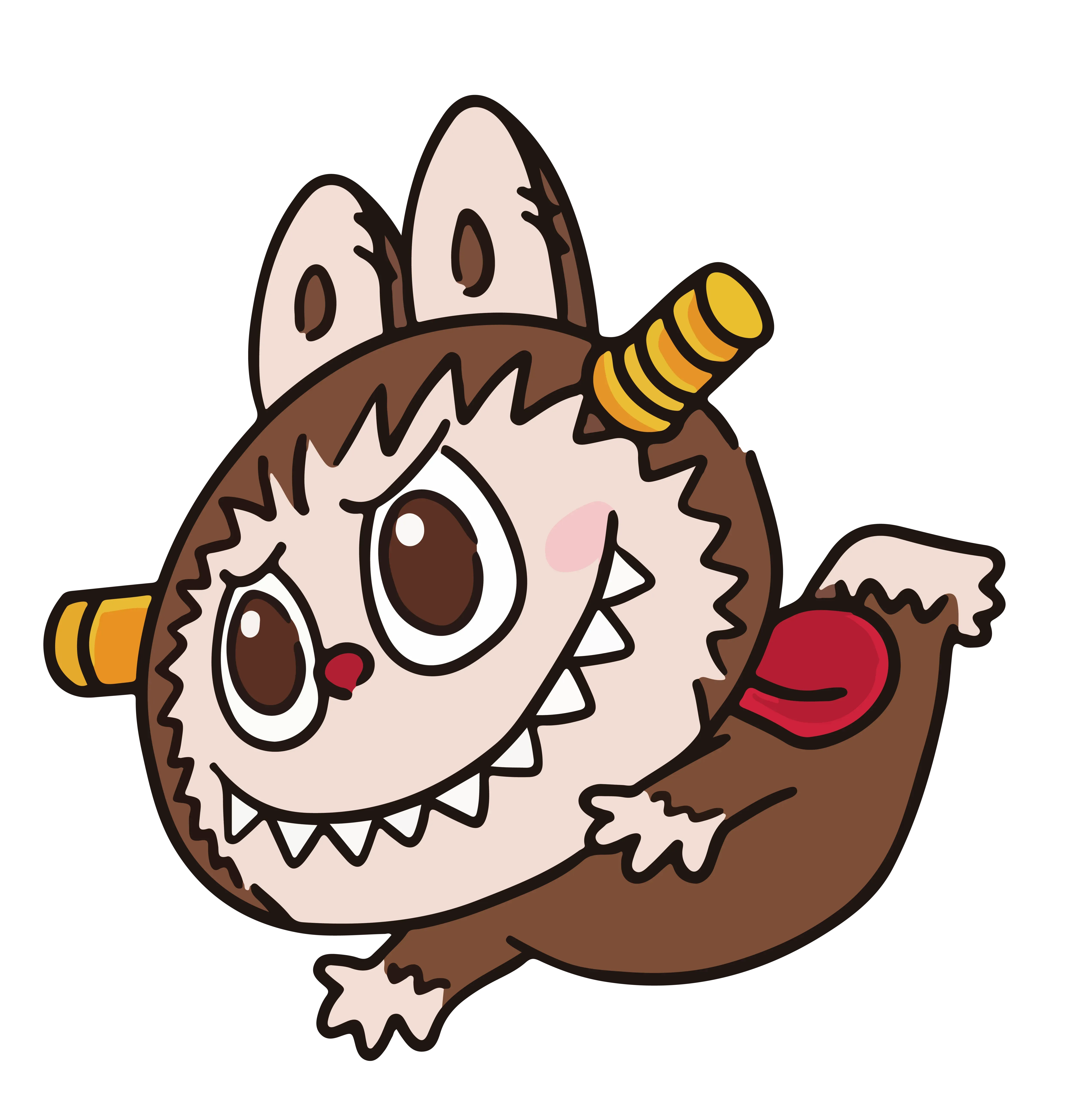 Brown Labubu with horns, red pouch, leaping, transparent background, cartoon