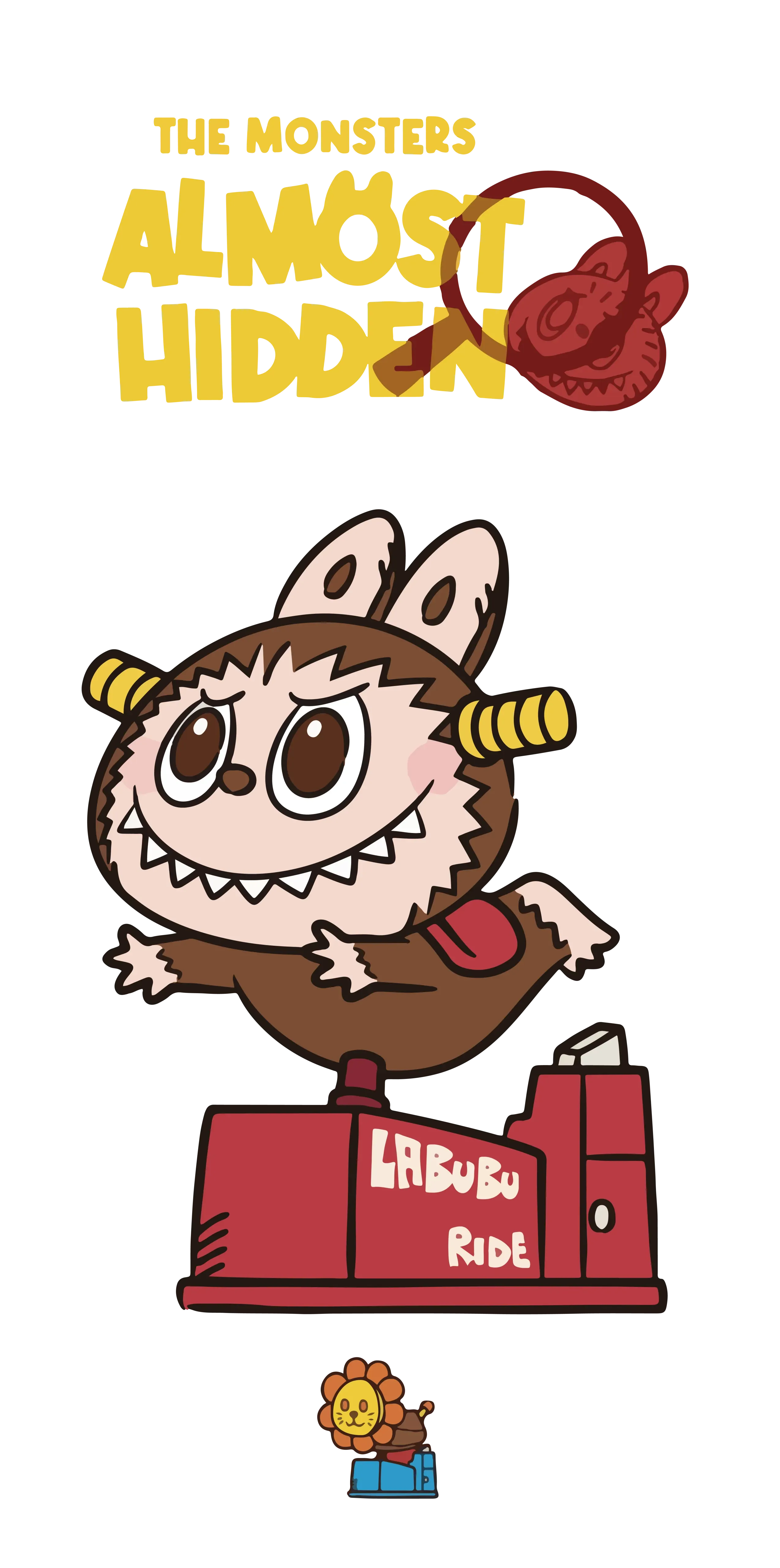 Brown Labubu with horns riding red coin-op ride, playful white background