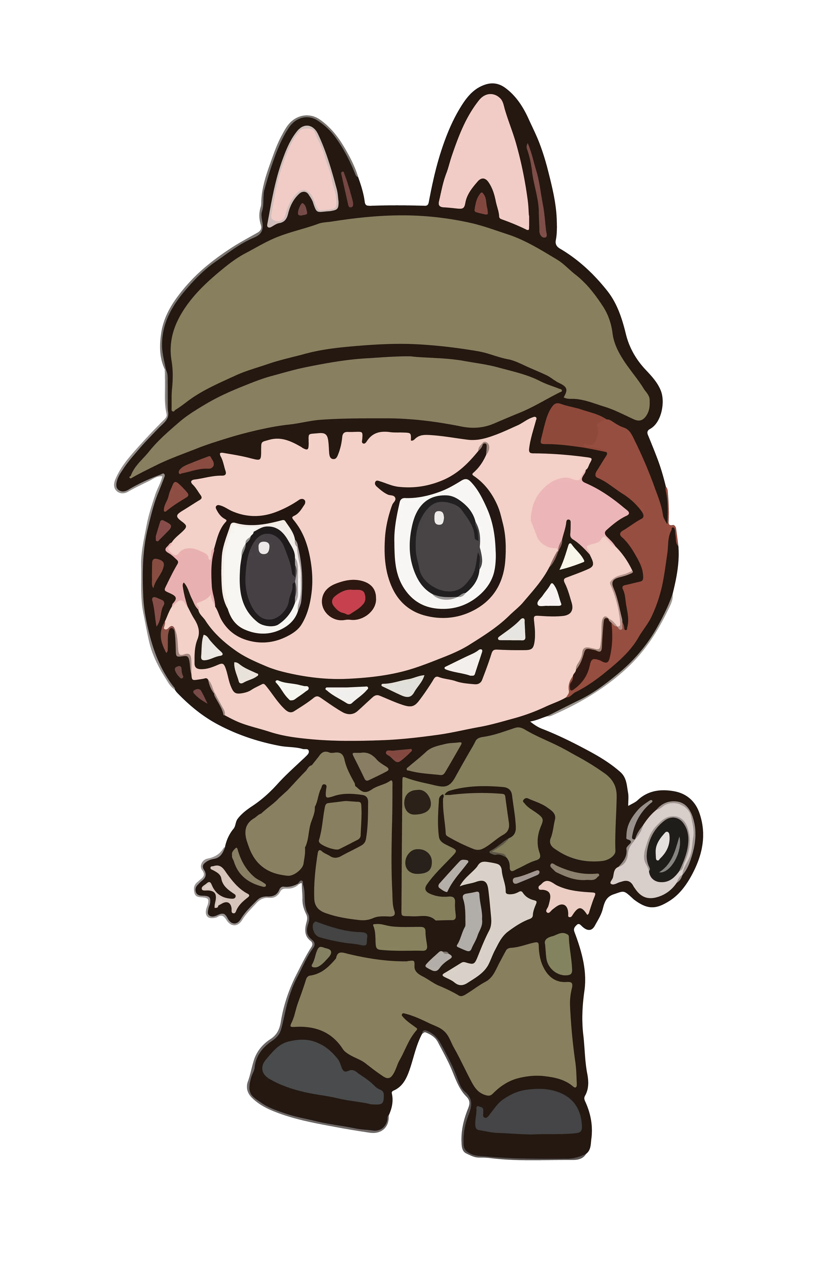 Brown Labubu in olive uniform and cap, holding wrench, clean cartoon
