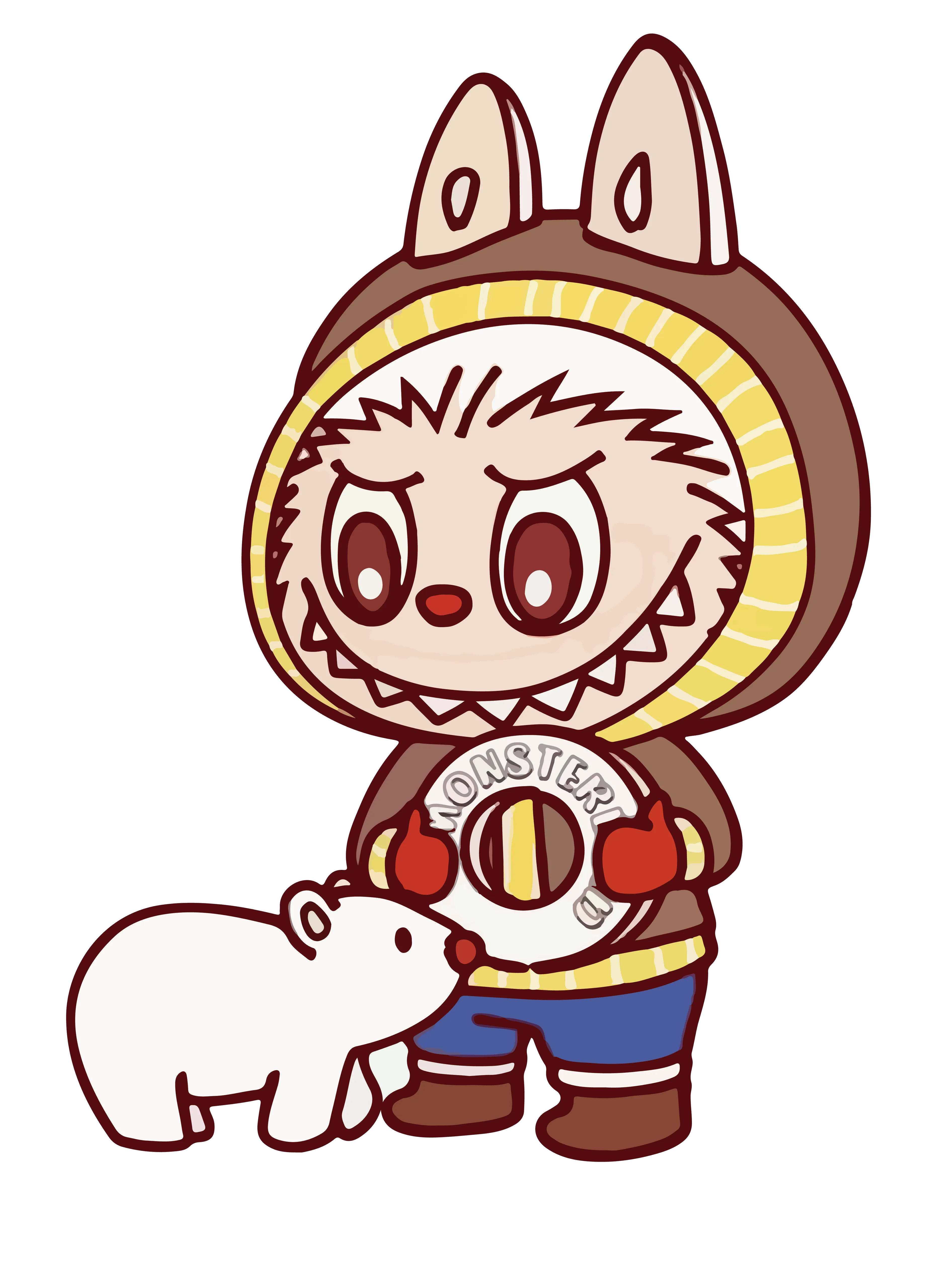 Brown Labubu in yellow parka with polar bear cub, arctic explorer cartoon