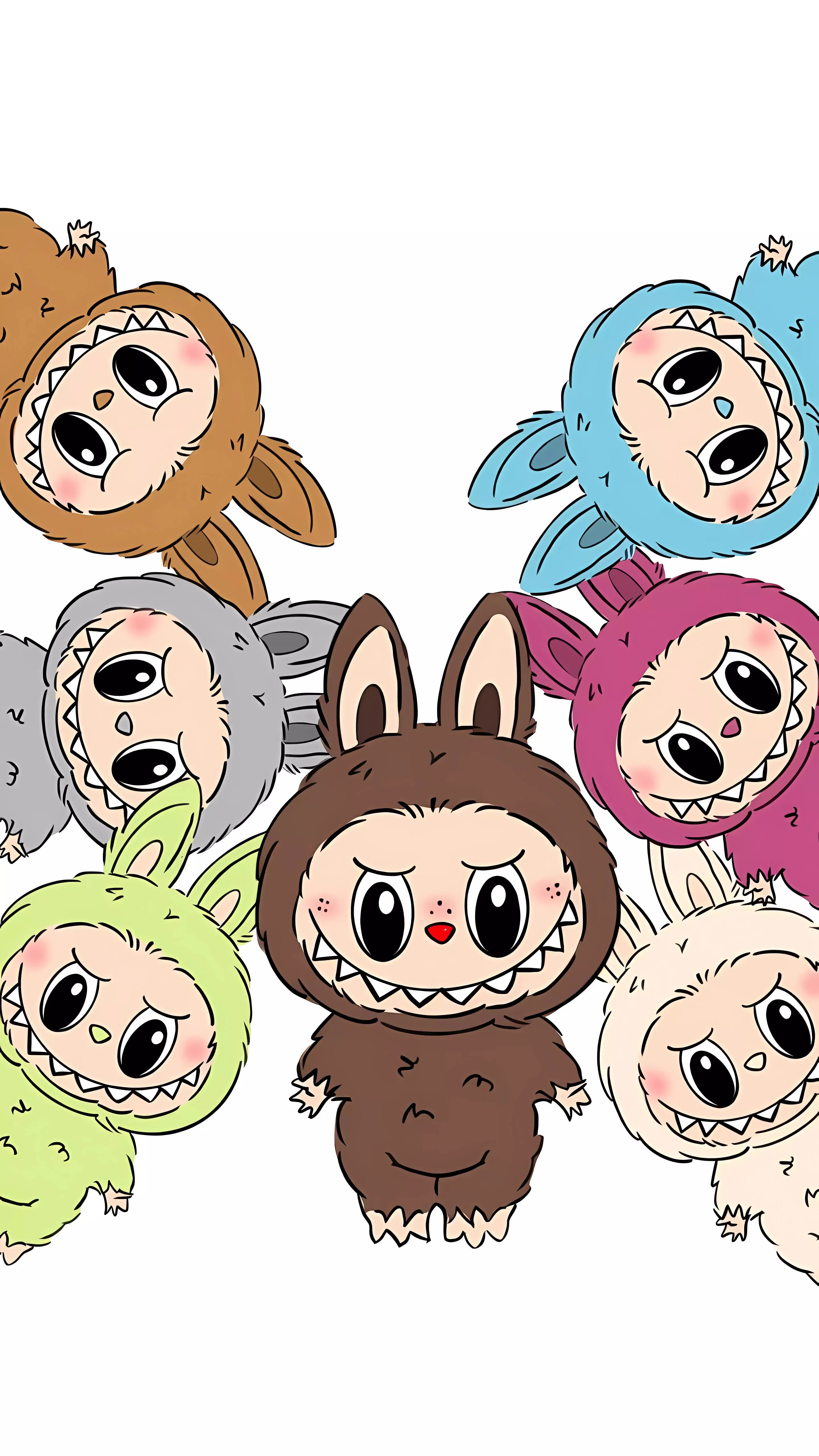 Six pastel Labubu in blue, pink, orange, cream, brown, and grey, radial layout
