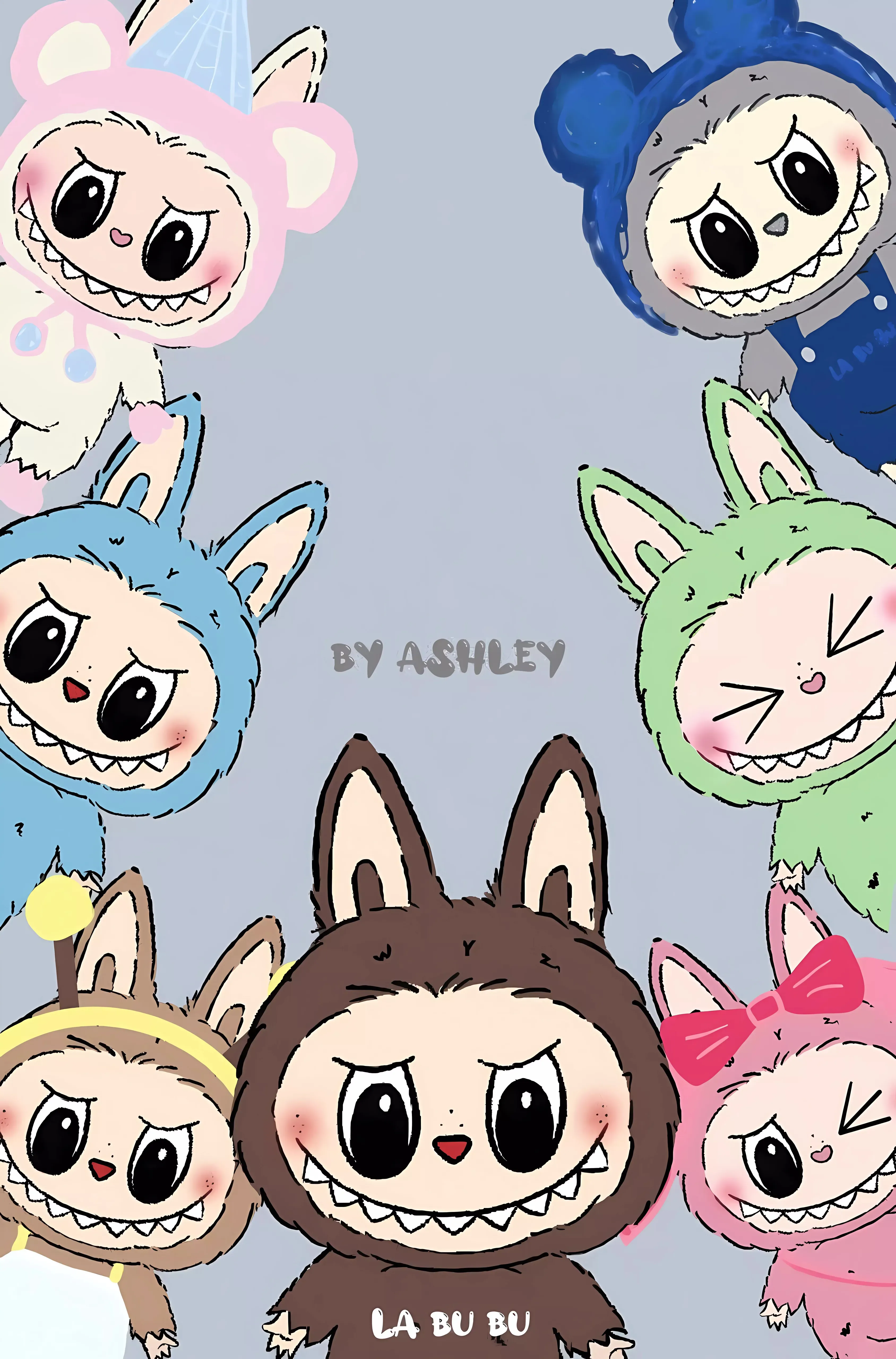 Eight Labubu in bear hats, party outfits, bunny suits, pastel lavender scene