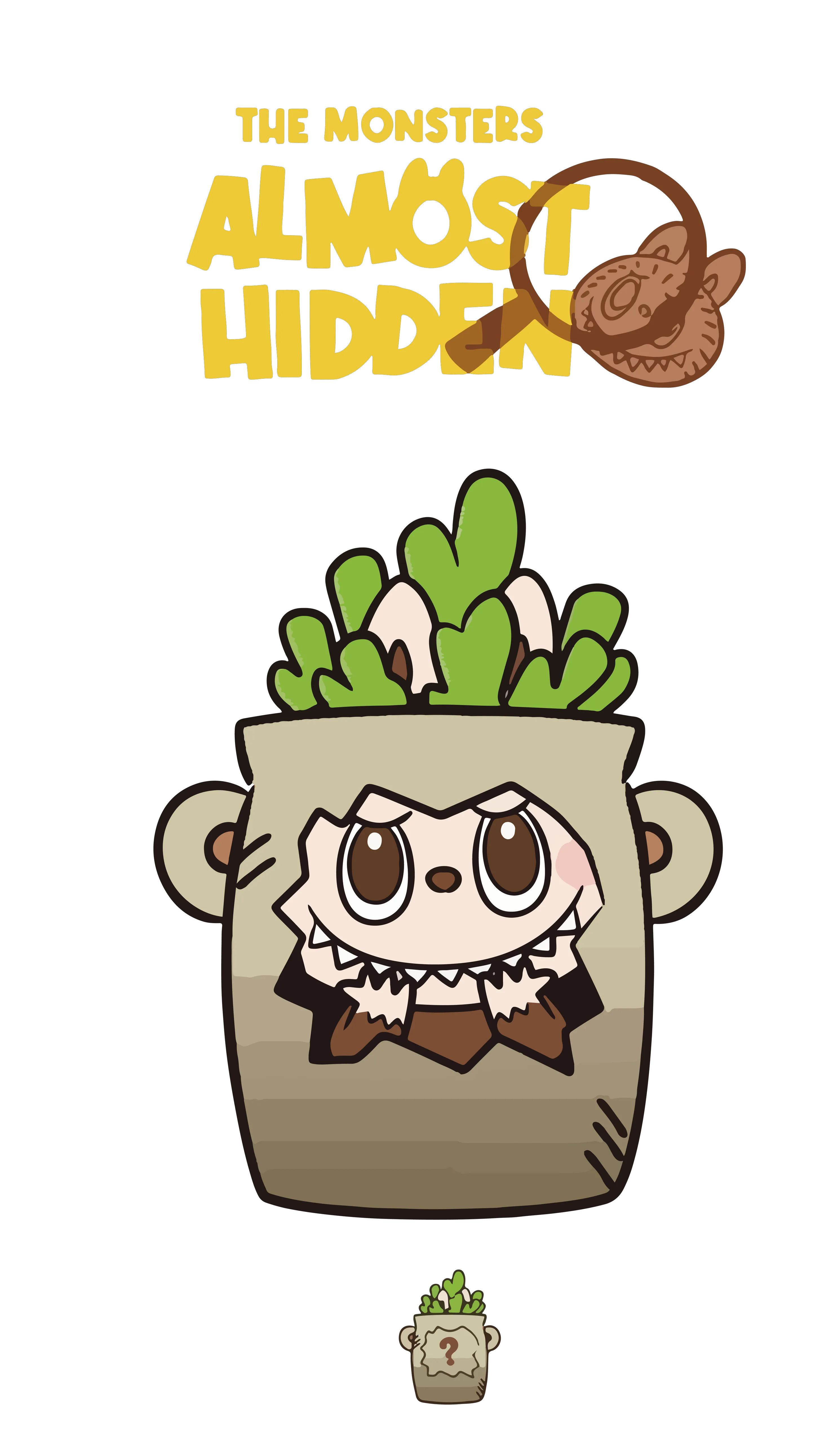 Brown Labubu almost hidden in plant pot, green leaves, playful cartoon