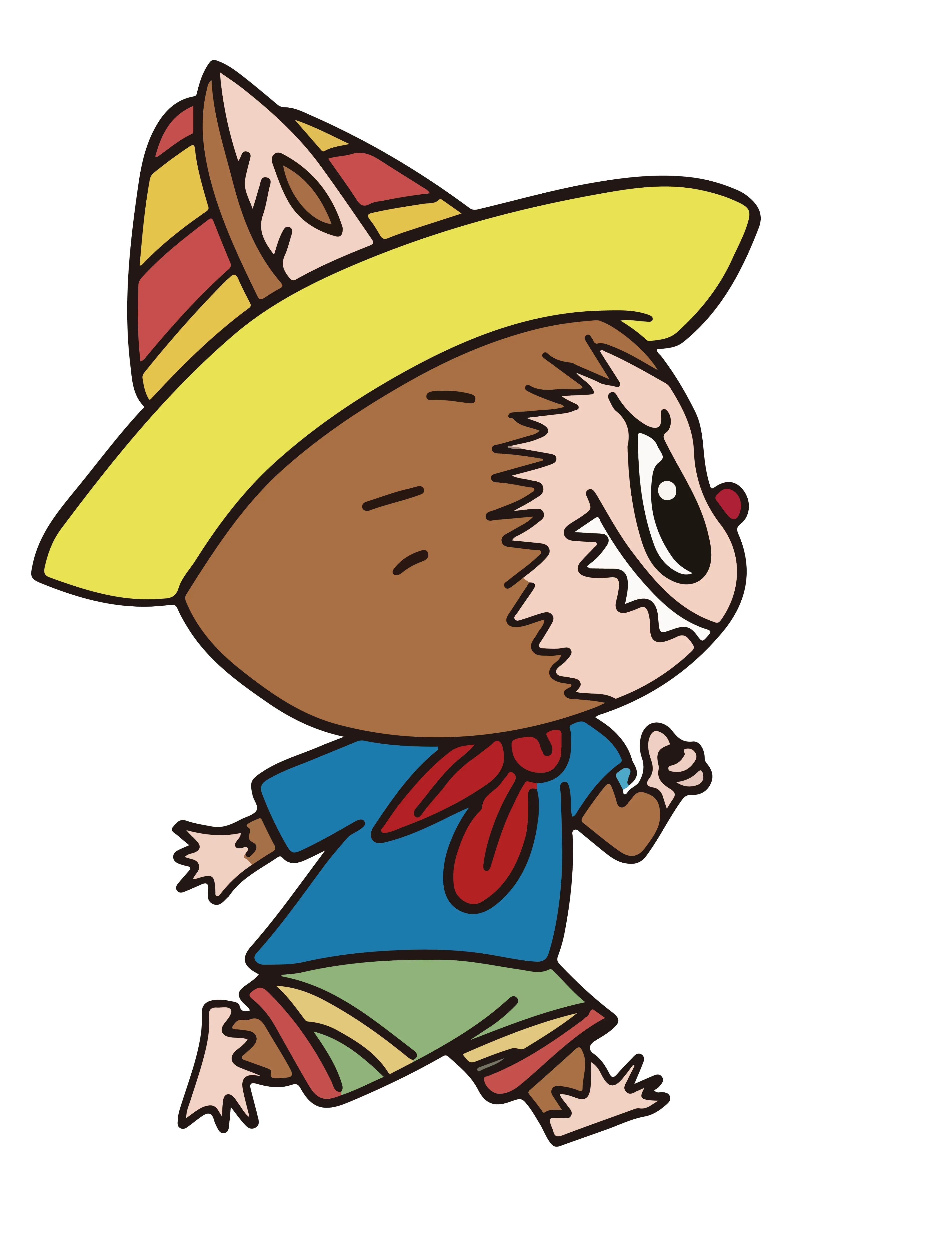 Brown Labubu in yellow hat, blue shirt, green shorts, red scarf, walking