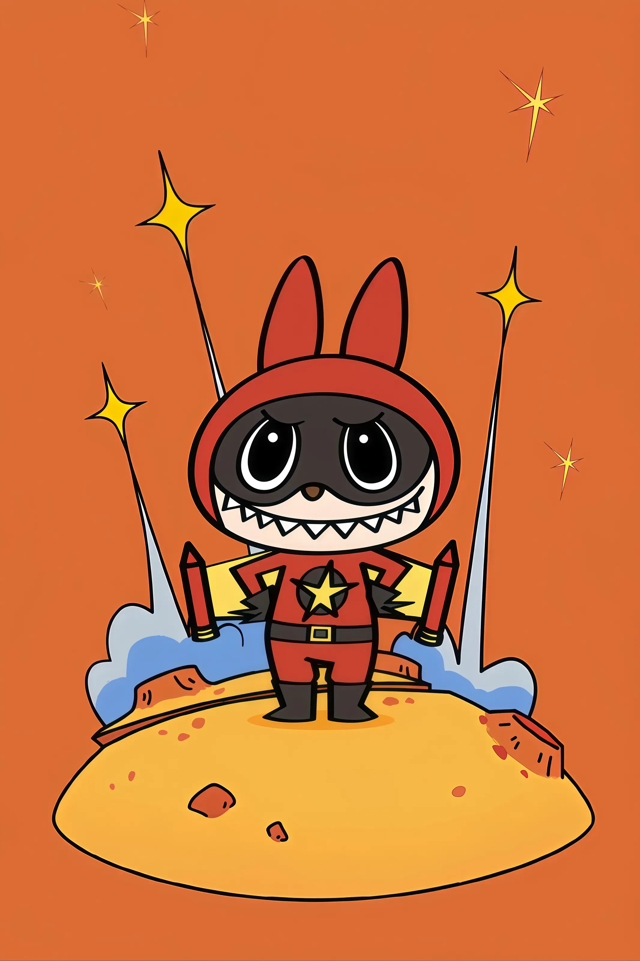 Labubu in red space hero suit with yellow star and rockets, vivid comic background