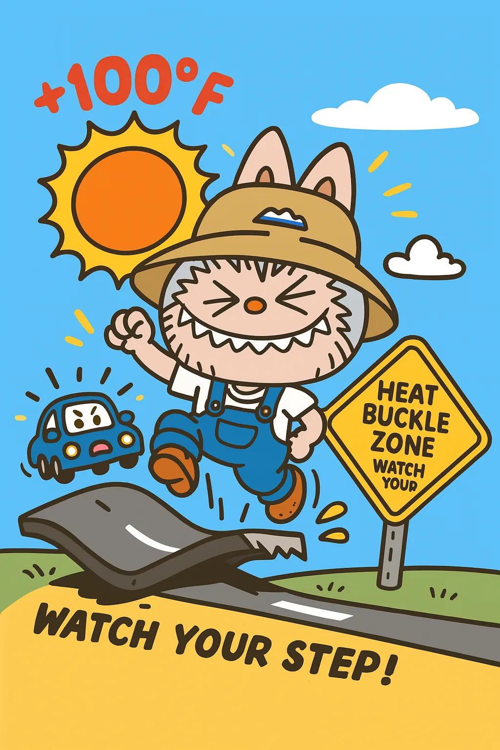 Labubu jumps over heat-buckled road in a heatwave