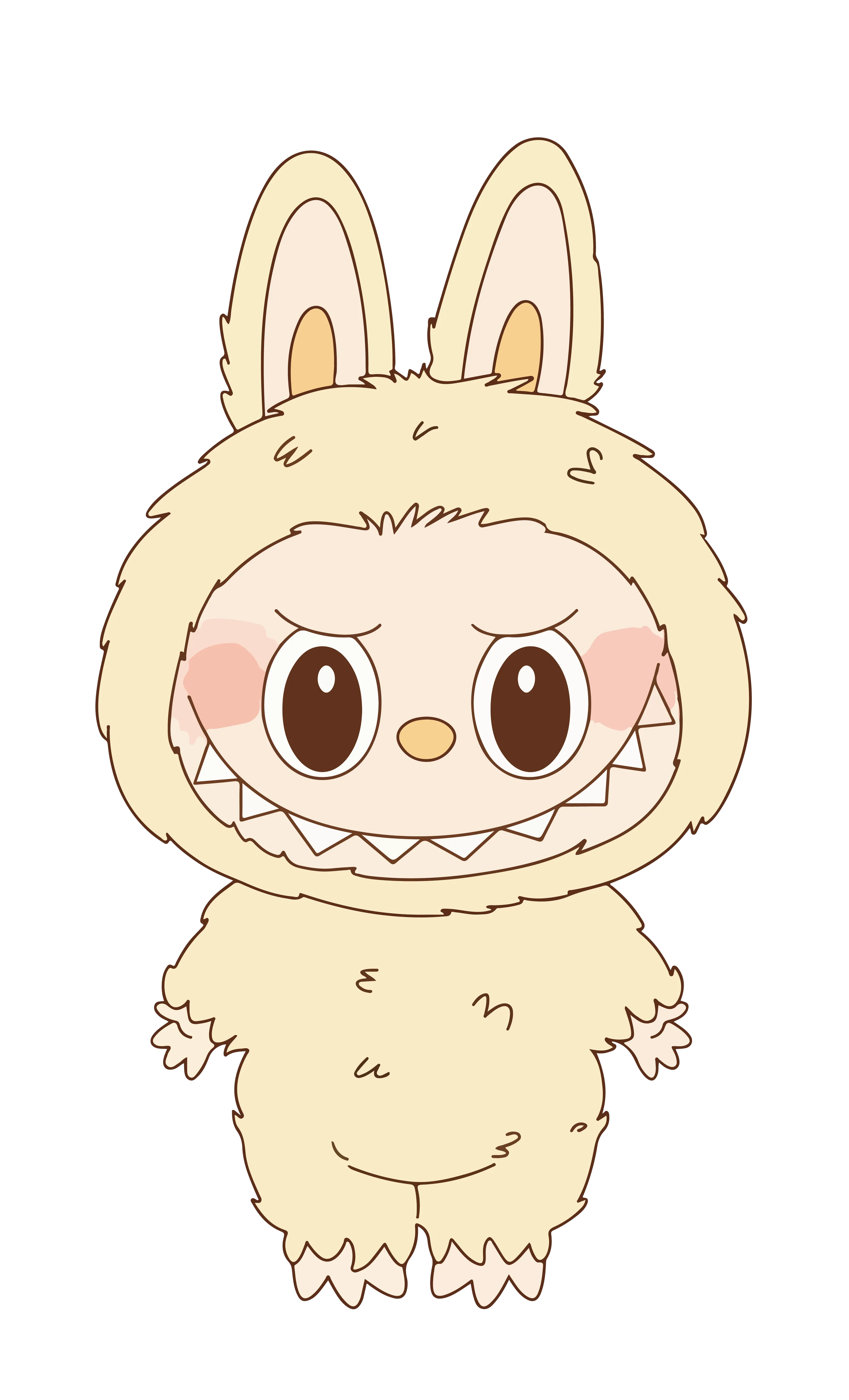 Cream white Labubu in fluffy bunny costume, line art, gentle cartoon style