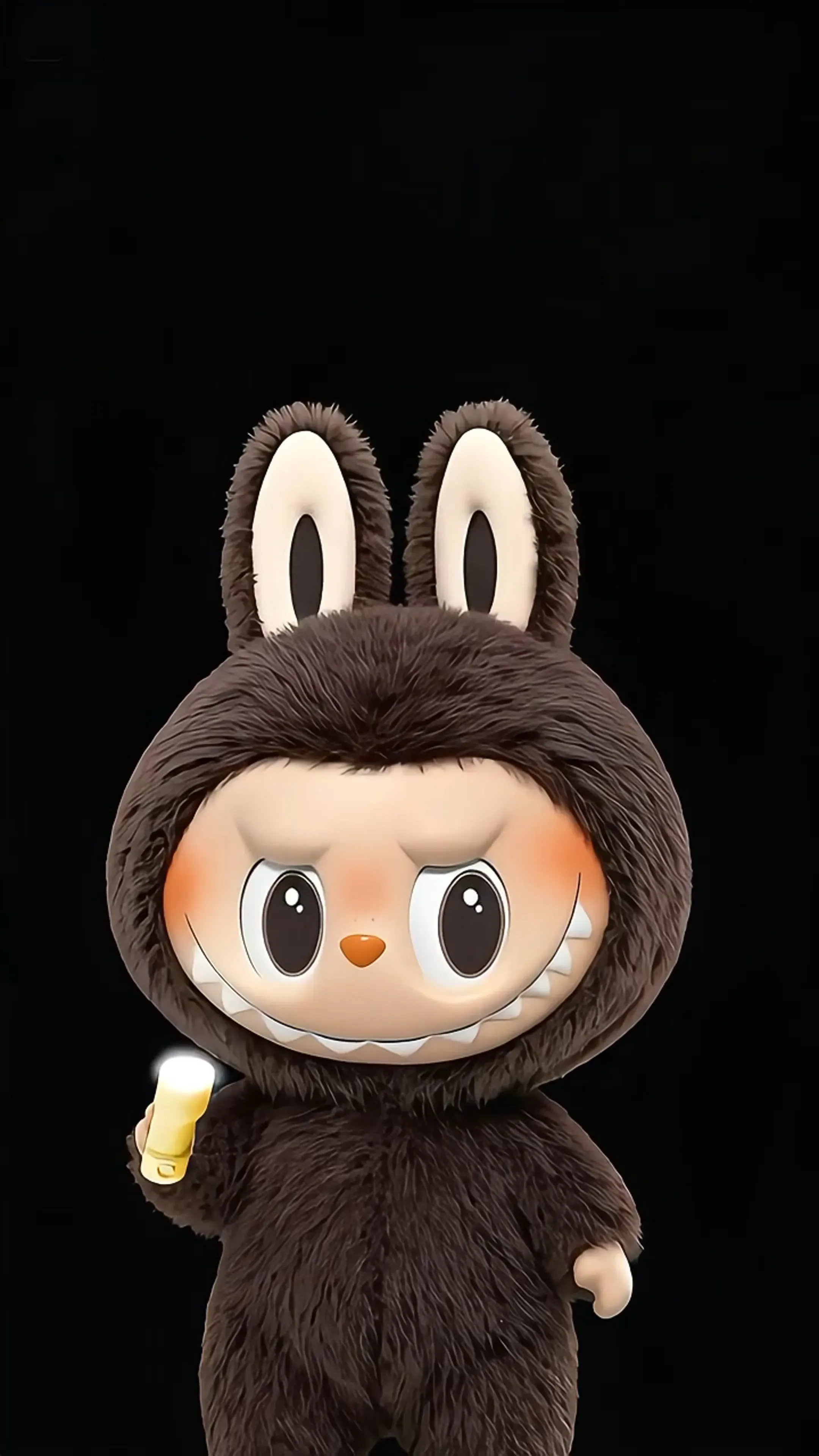 Dark brown Labubu in bunny suit, blushing and smirking, holding flashlight on black