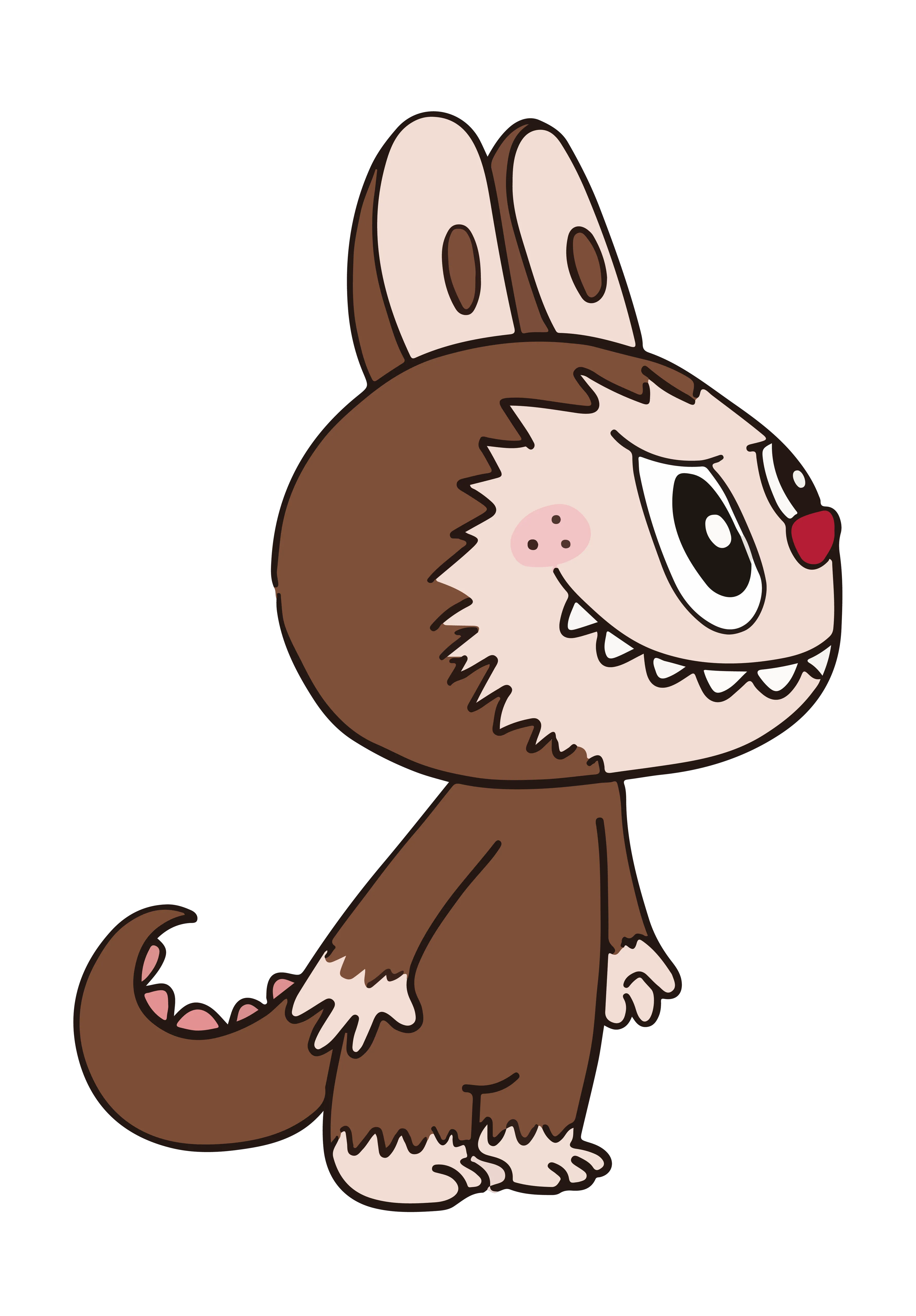 Dark brown Labubu with sly smile in dinosaur tail onesie, minimalist style
