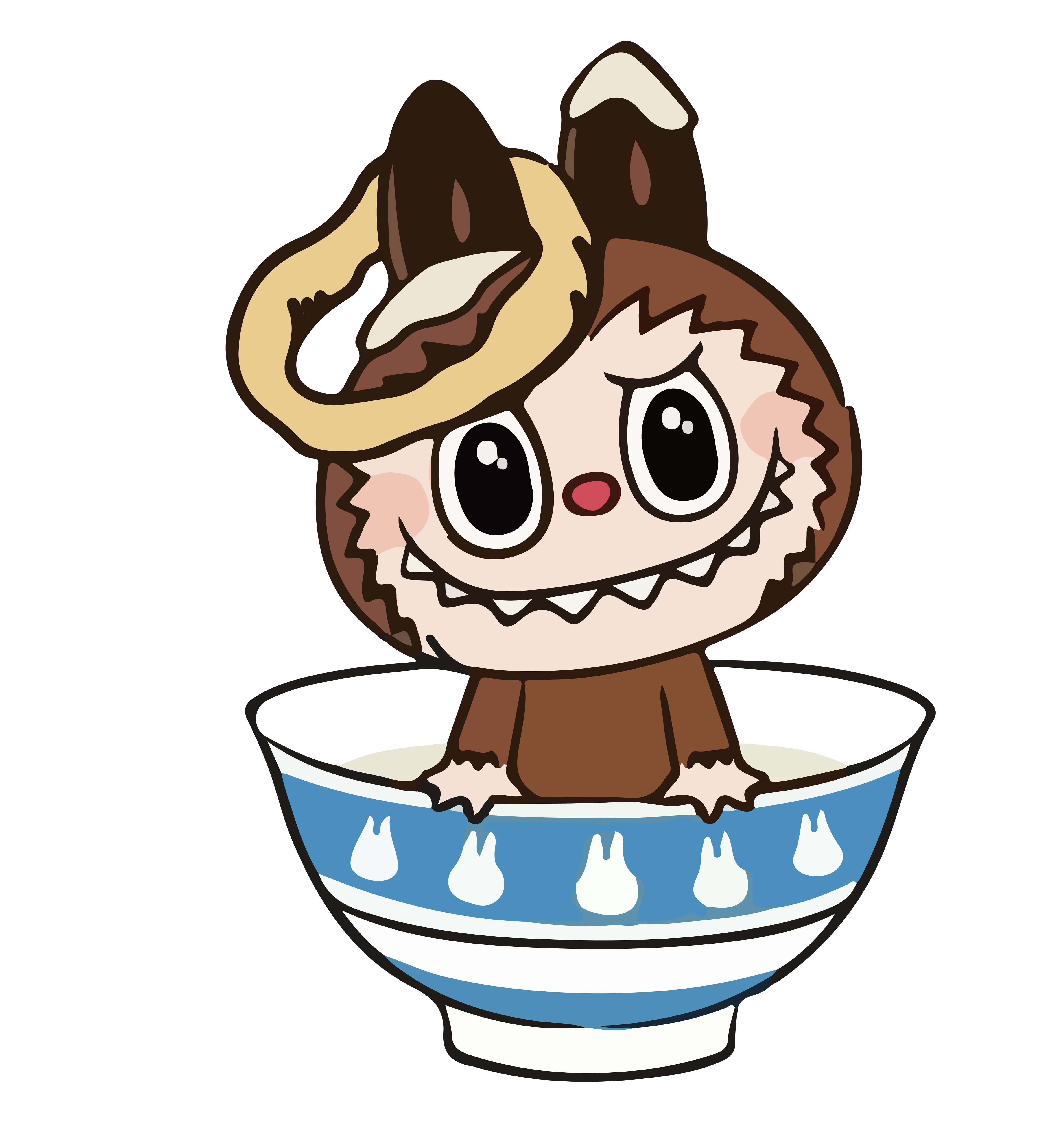 Chocolate Labubu with donut ear in blue bunny bowl, whimsical breakfast art