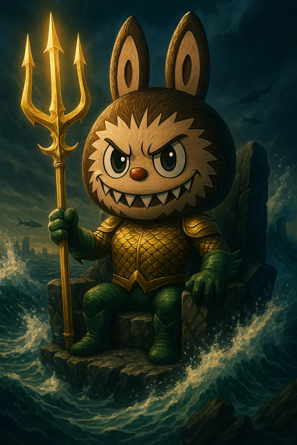 Labubu dressed as Aquaman holding a golden trident on a sea throne