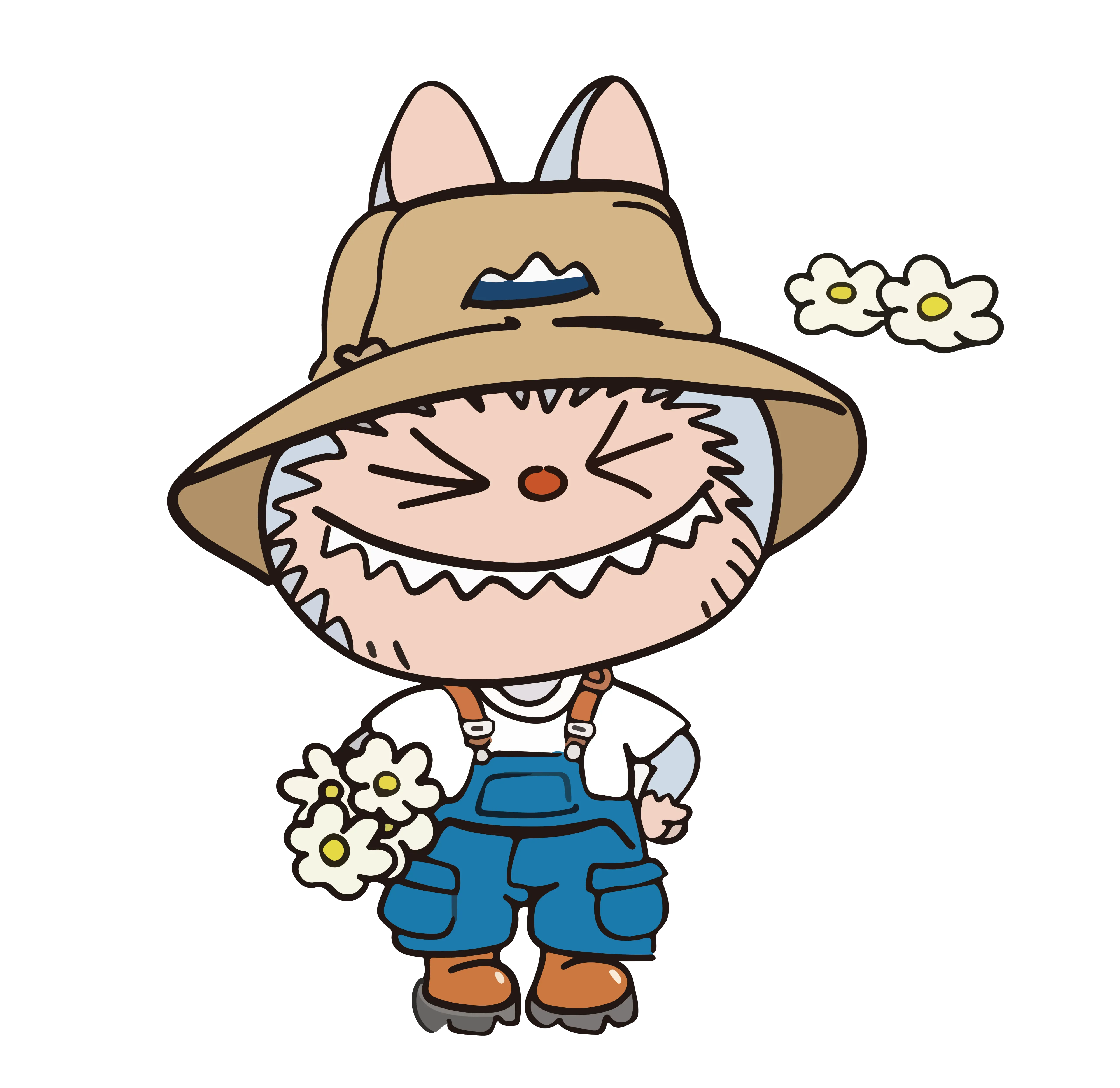 Labubu in tan bunny hat, blue overalls, holding flowers, happy outdoors vibe