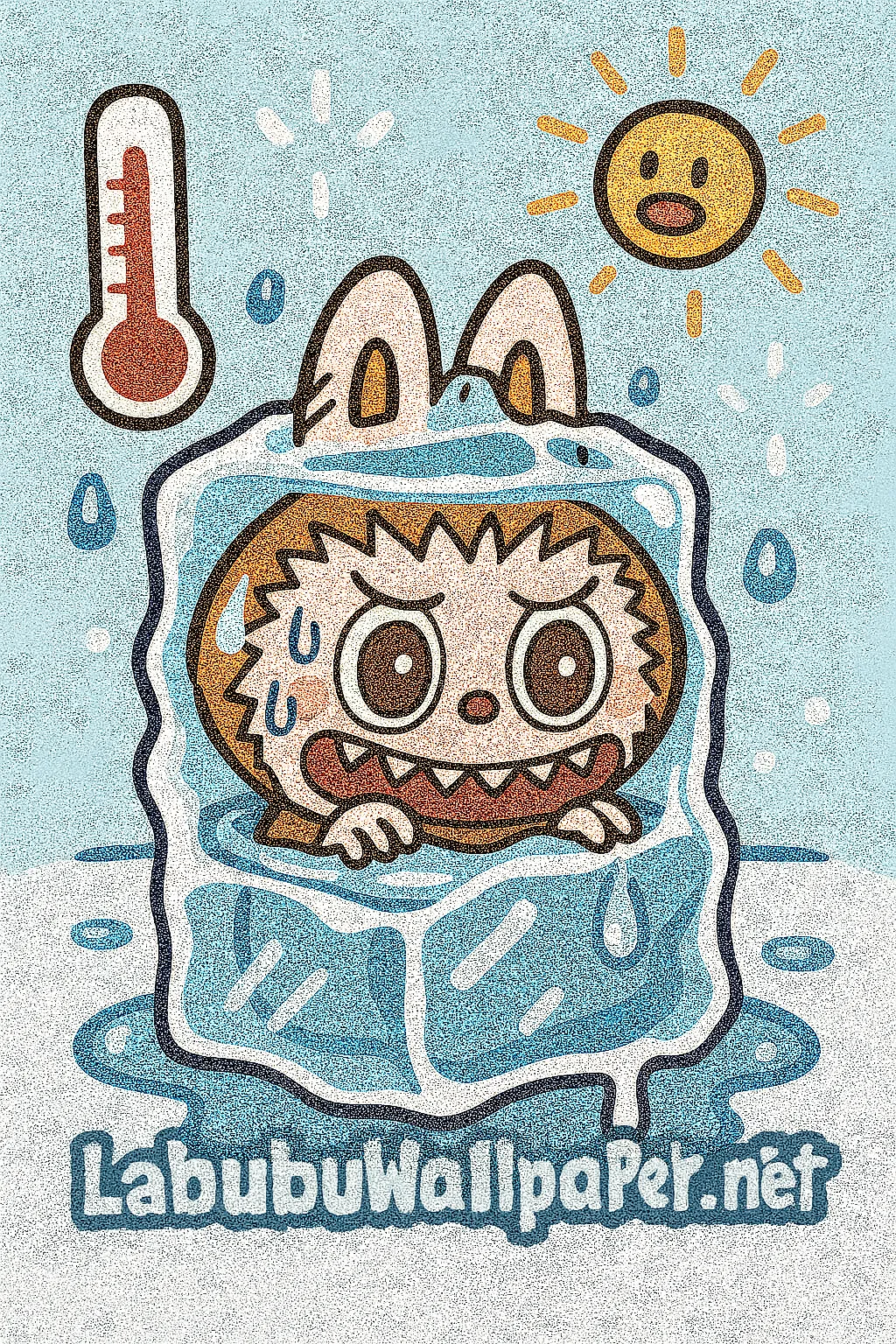 Brown Labubu sweating and hiding inside a melting ice cube