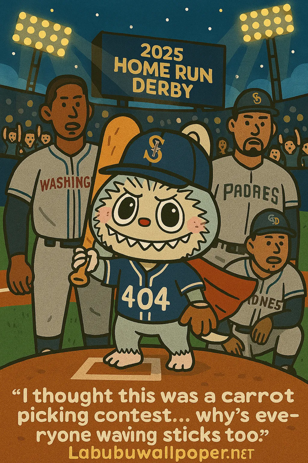 Labubu in baseball uniform at 2025 Home Run Derby with confused players