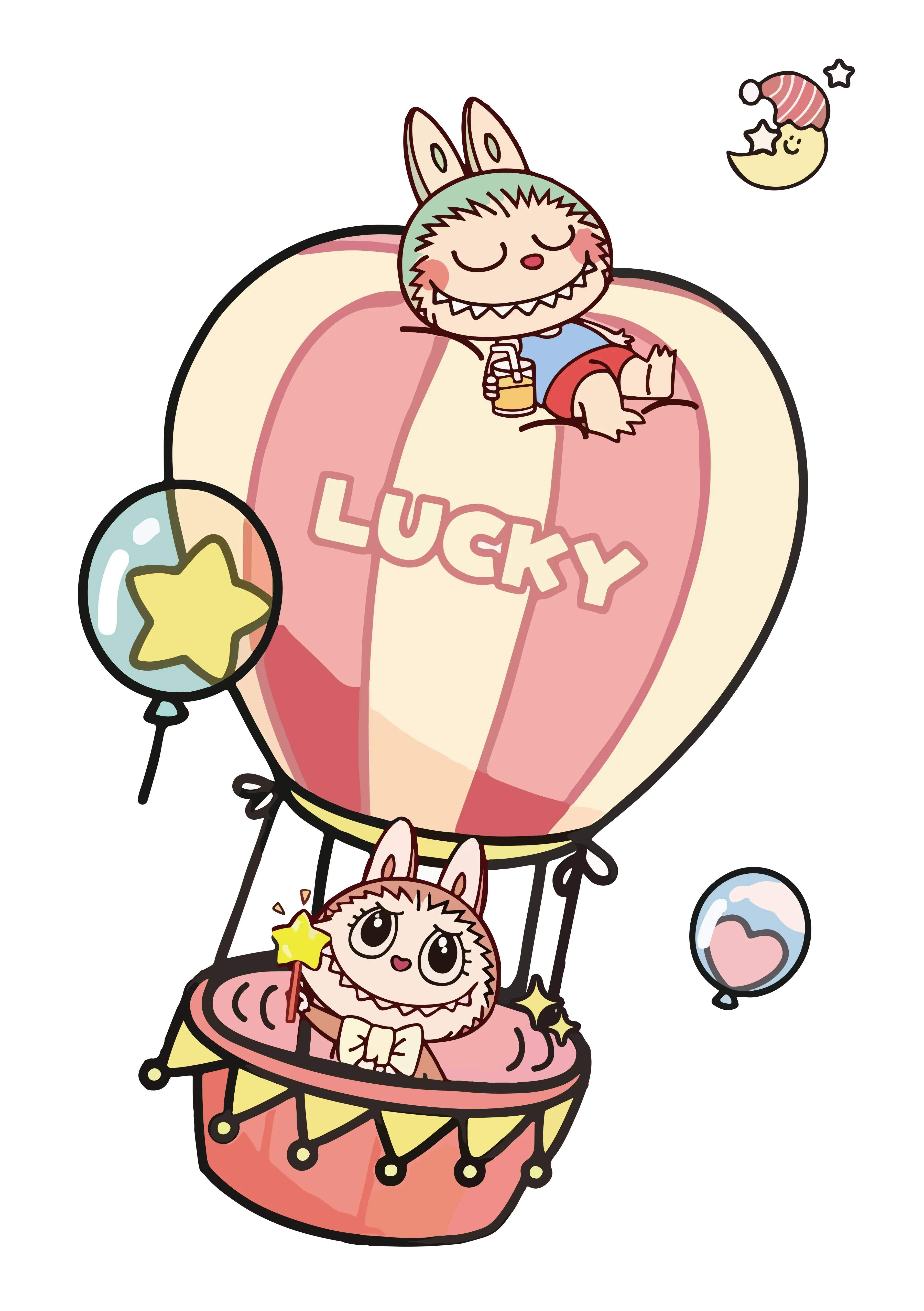 Labubu in green and pink bunny suits in hot air balloon, star and moon decorations