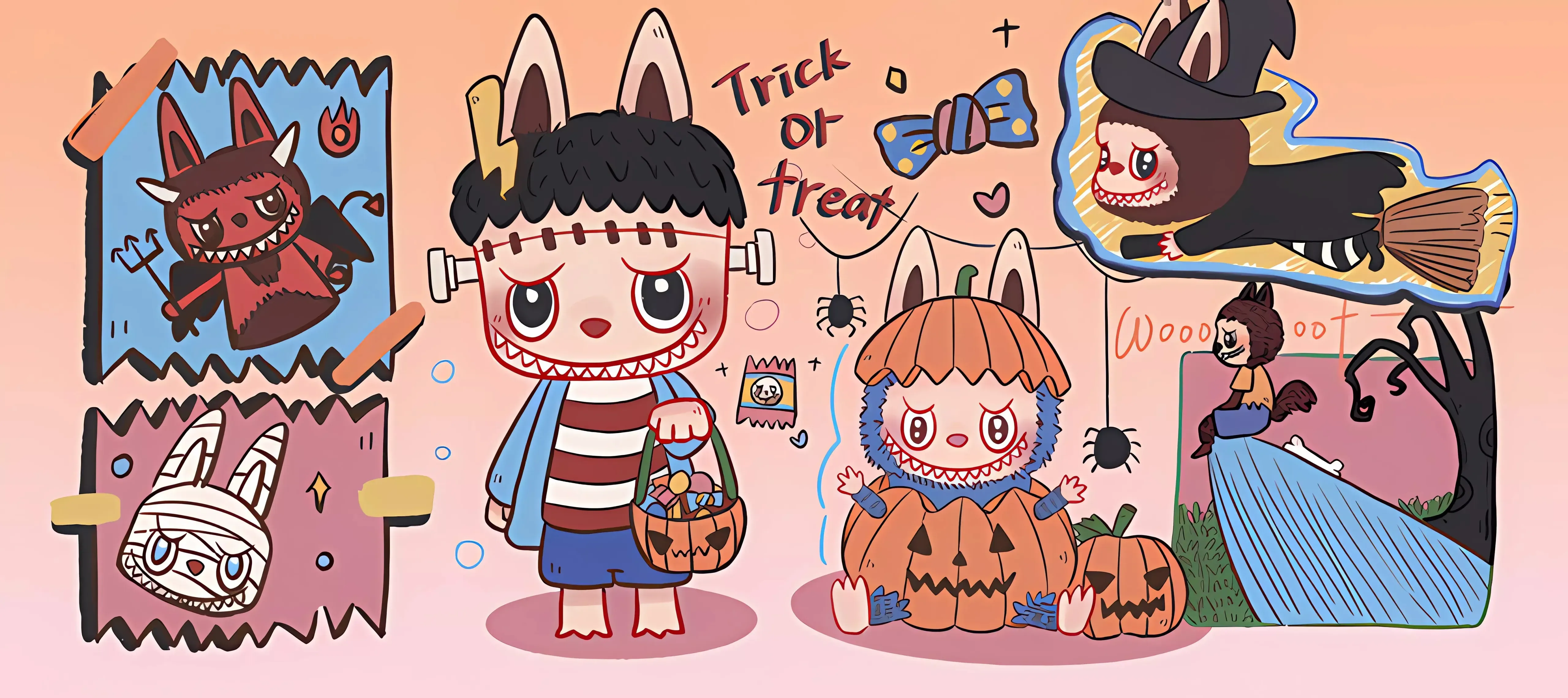 Labubu characters in Halloween costumes with a playful orange background