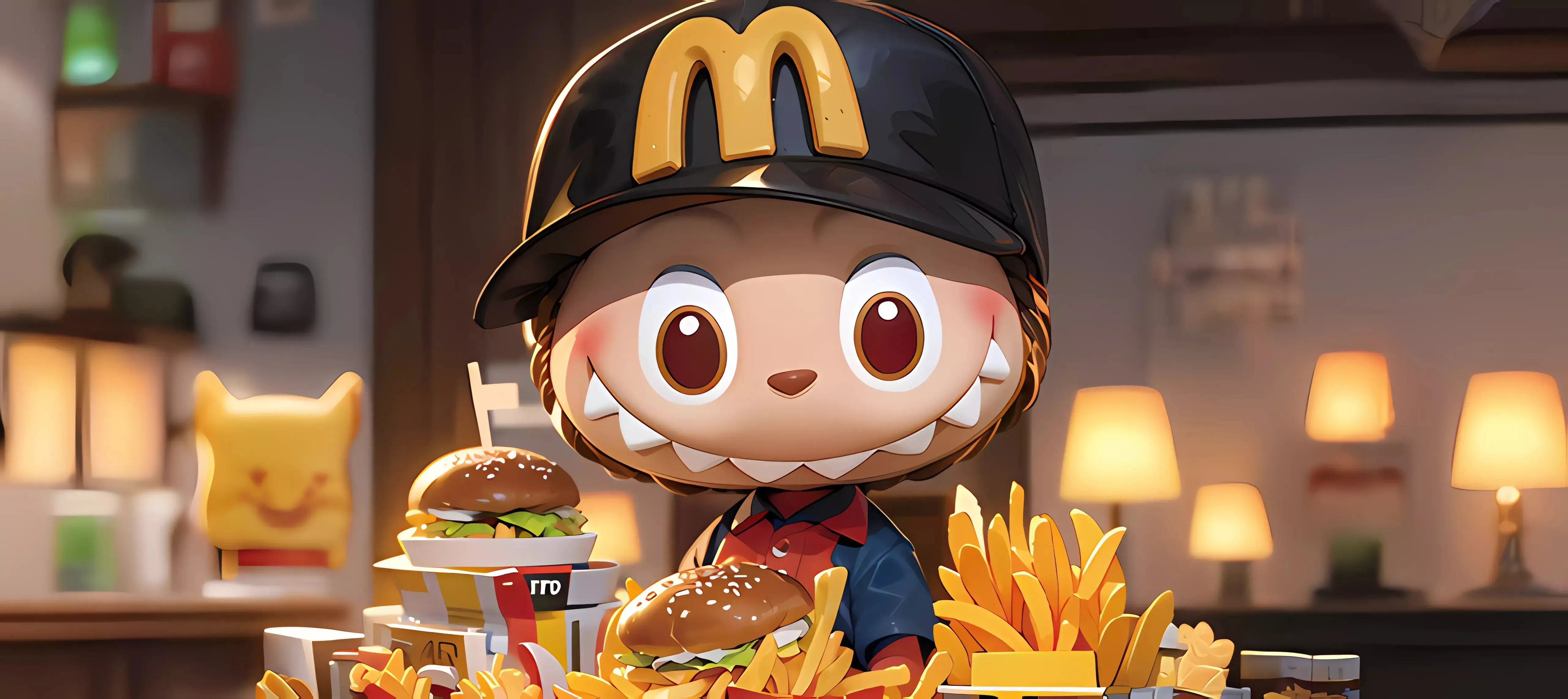 3D Labubu in McDonald's outfit smiling over burgers and fries