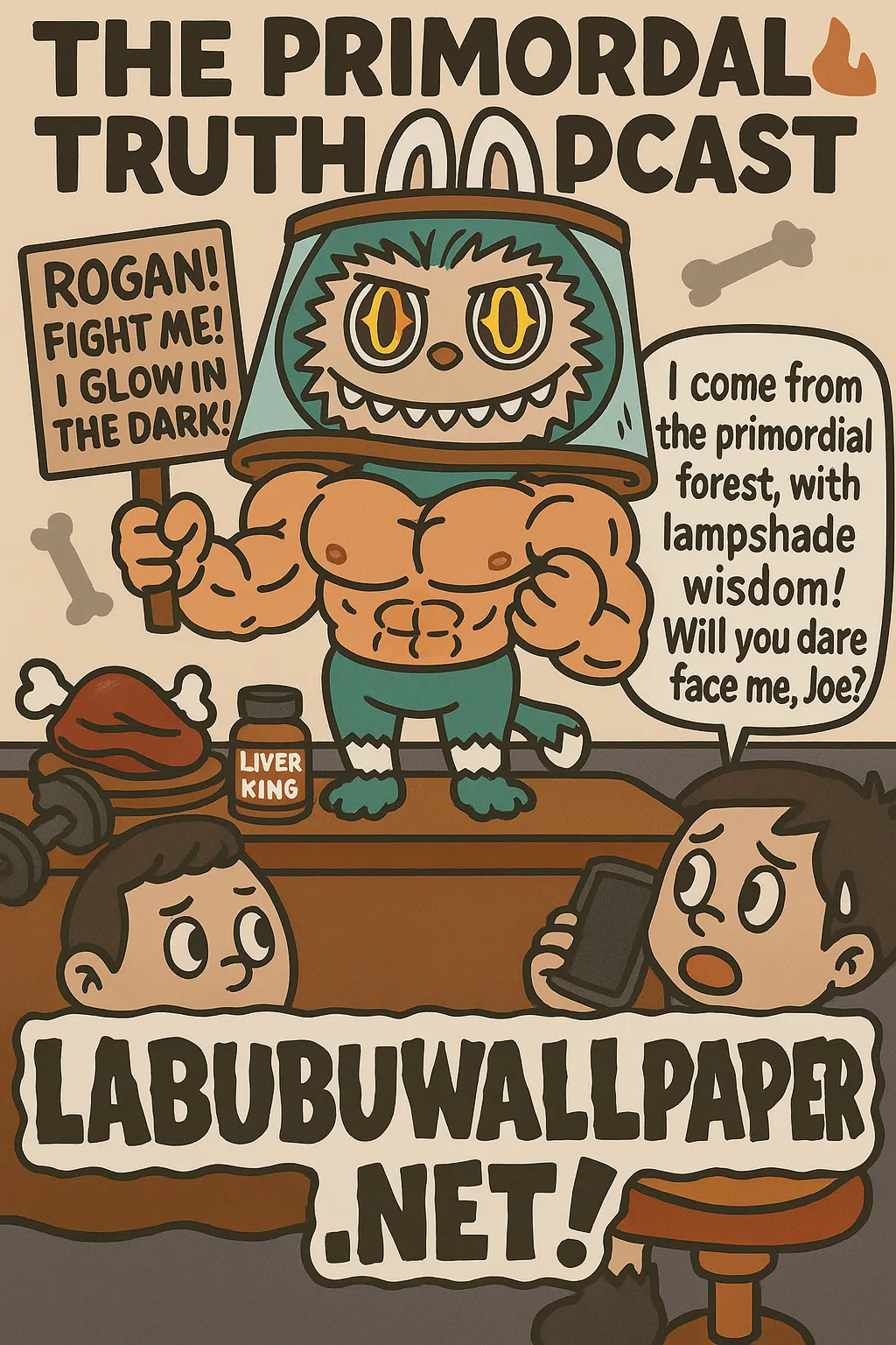 Blue lampshade-headed Labubu with huge muscles, holding a sign challenging Joe Rogan