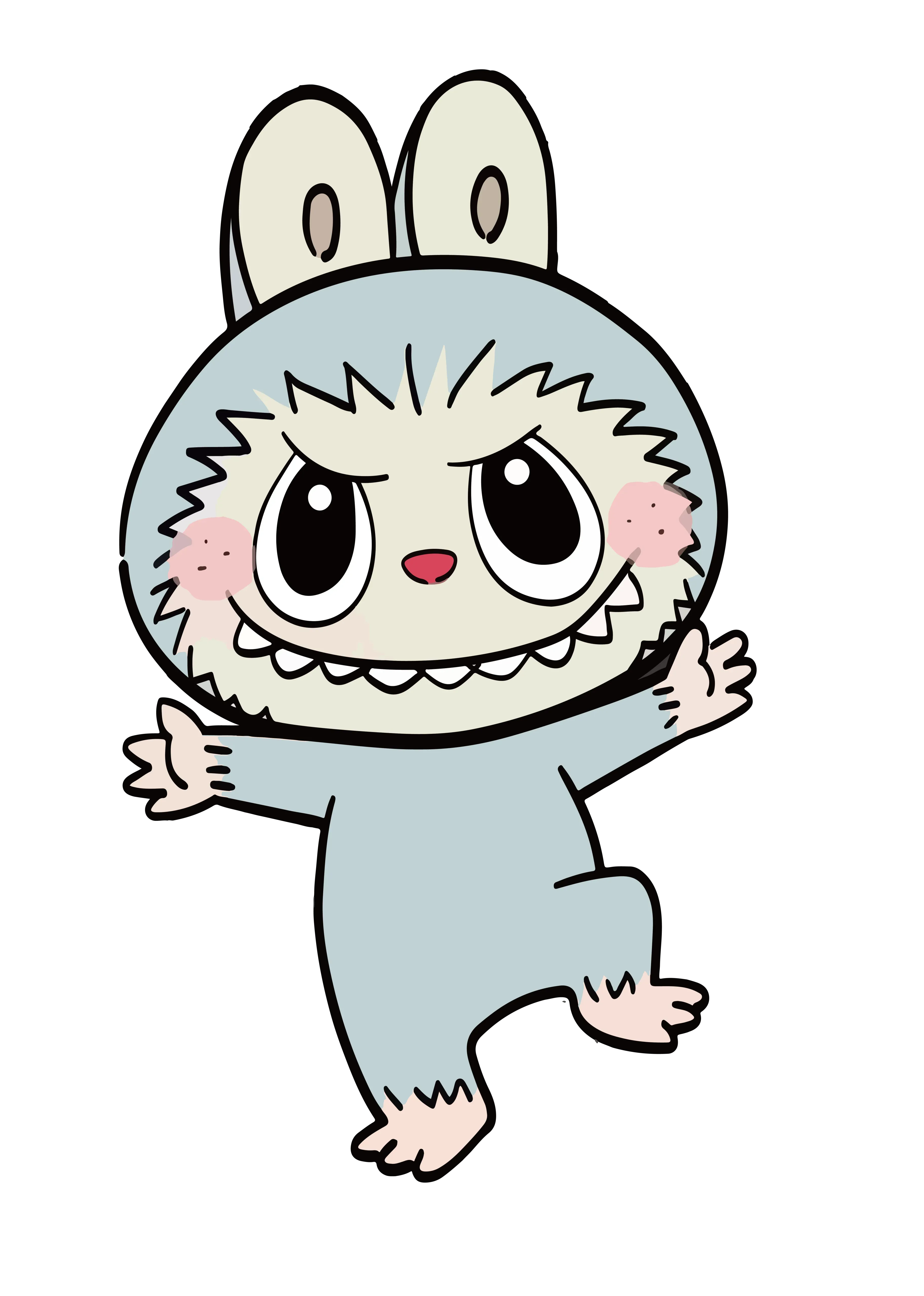 Light blue Labubu in bunny suit, open arms, toothy grin, playful cartoon style