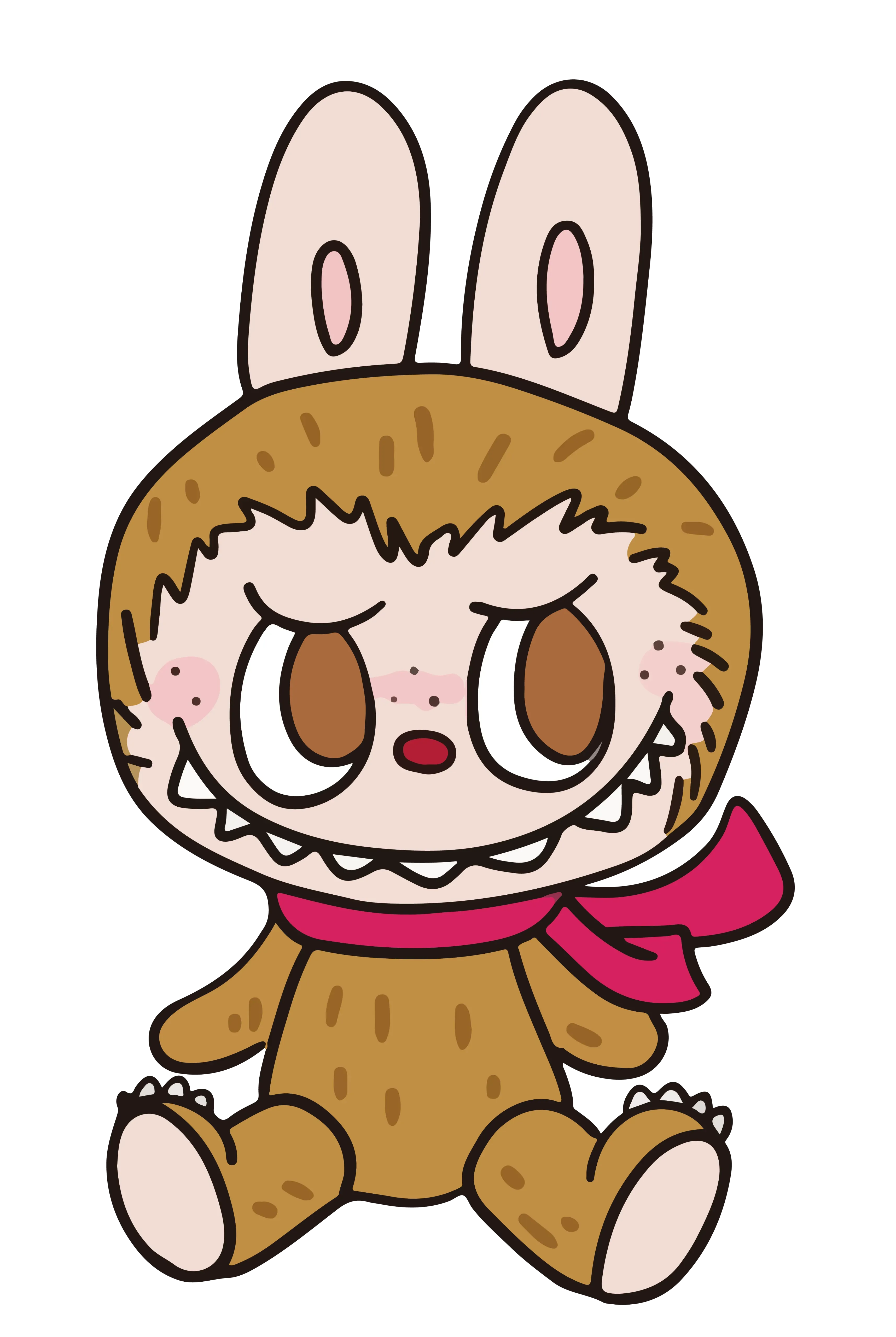 Light brown Labubu in bunny suit with red scarf, big eyes and playful grin