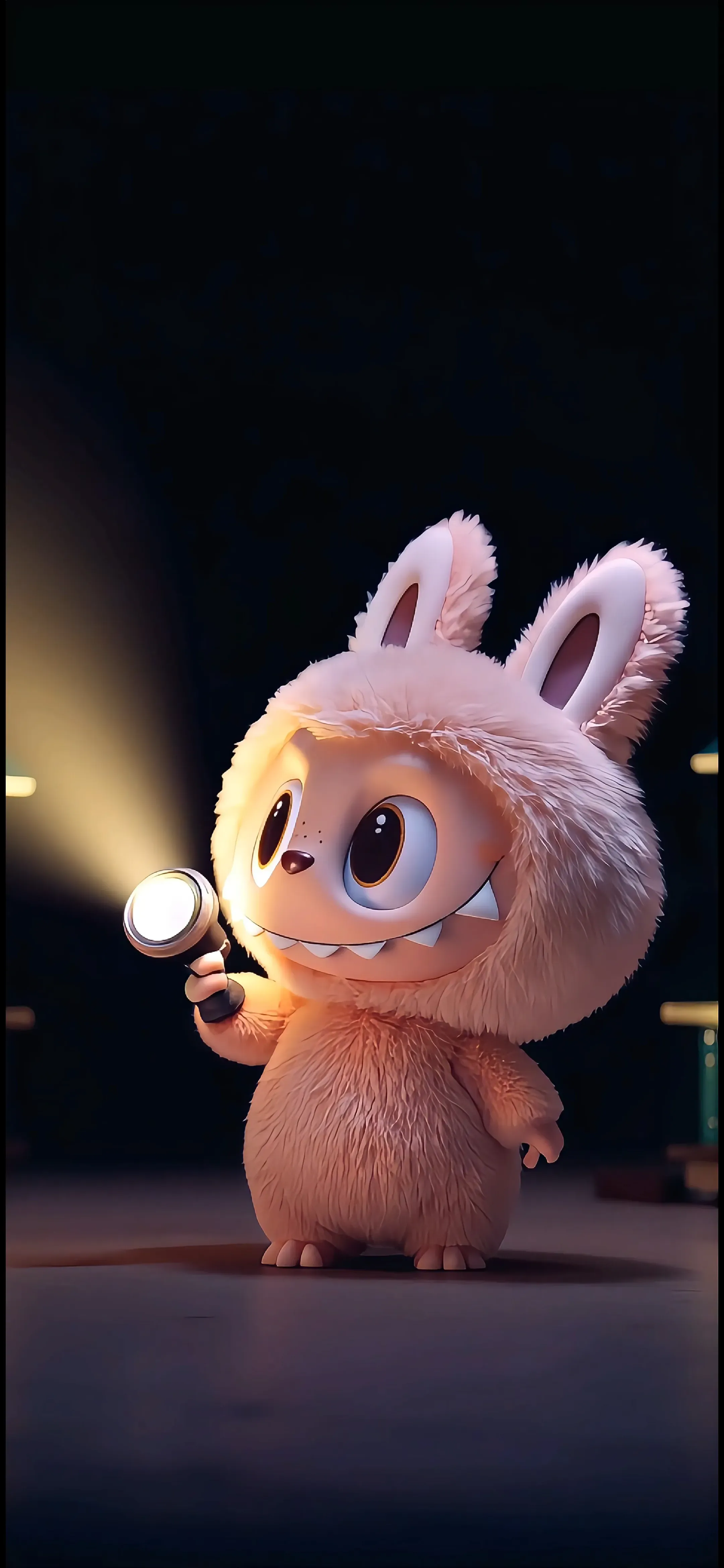 Light pink Labubu in bunny suit, smiling with sparkling eyes, holding flashlight