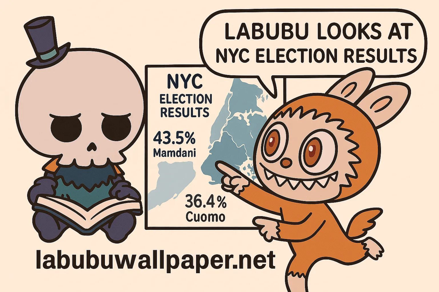 Labubu looks at NYC election results featuring Zohran Mamdani