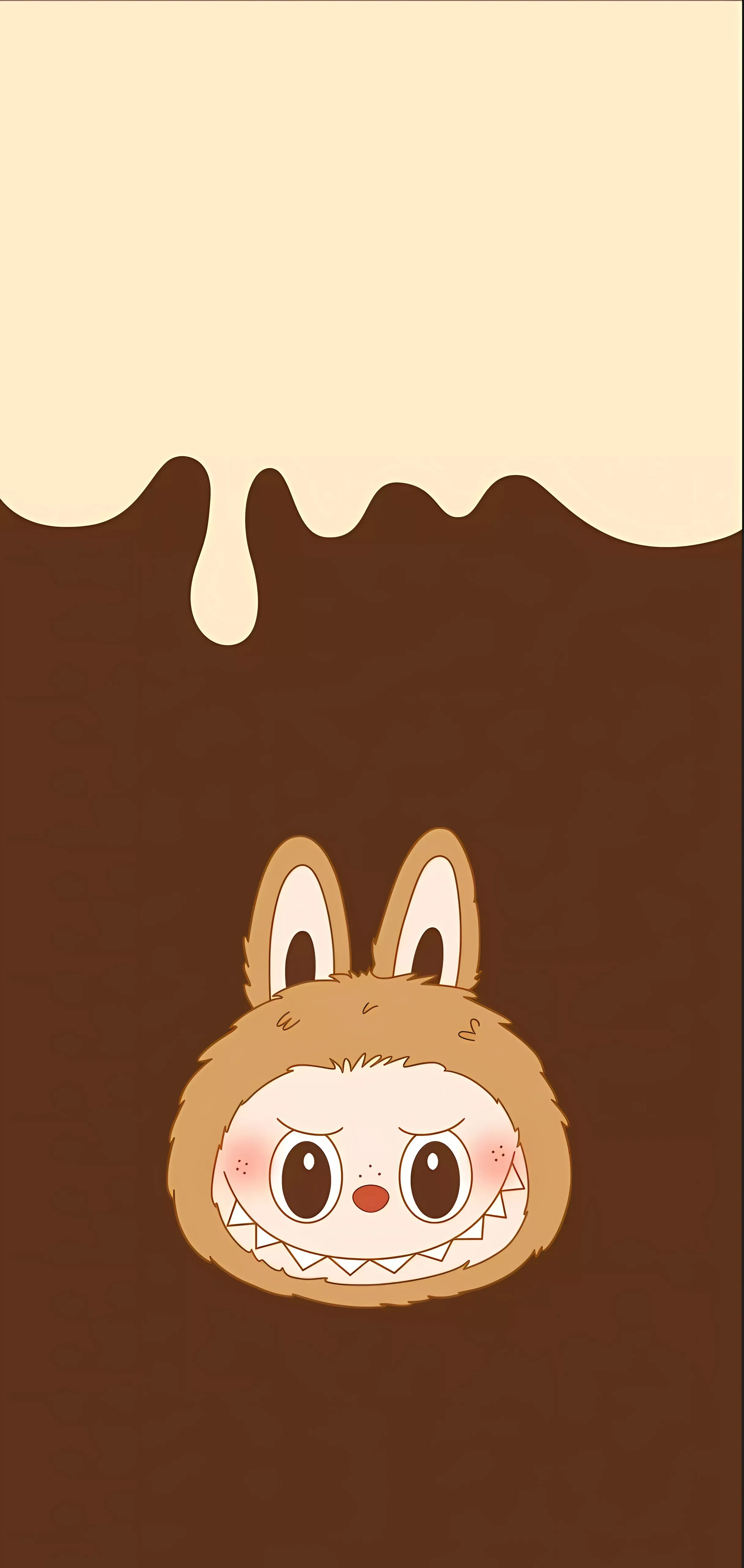 Labubu peeking from brown chocolate under cream drip, cute minimalist style