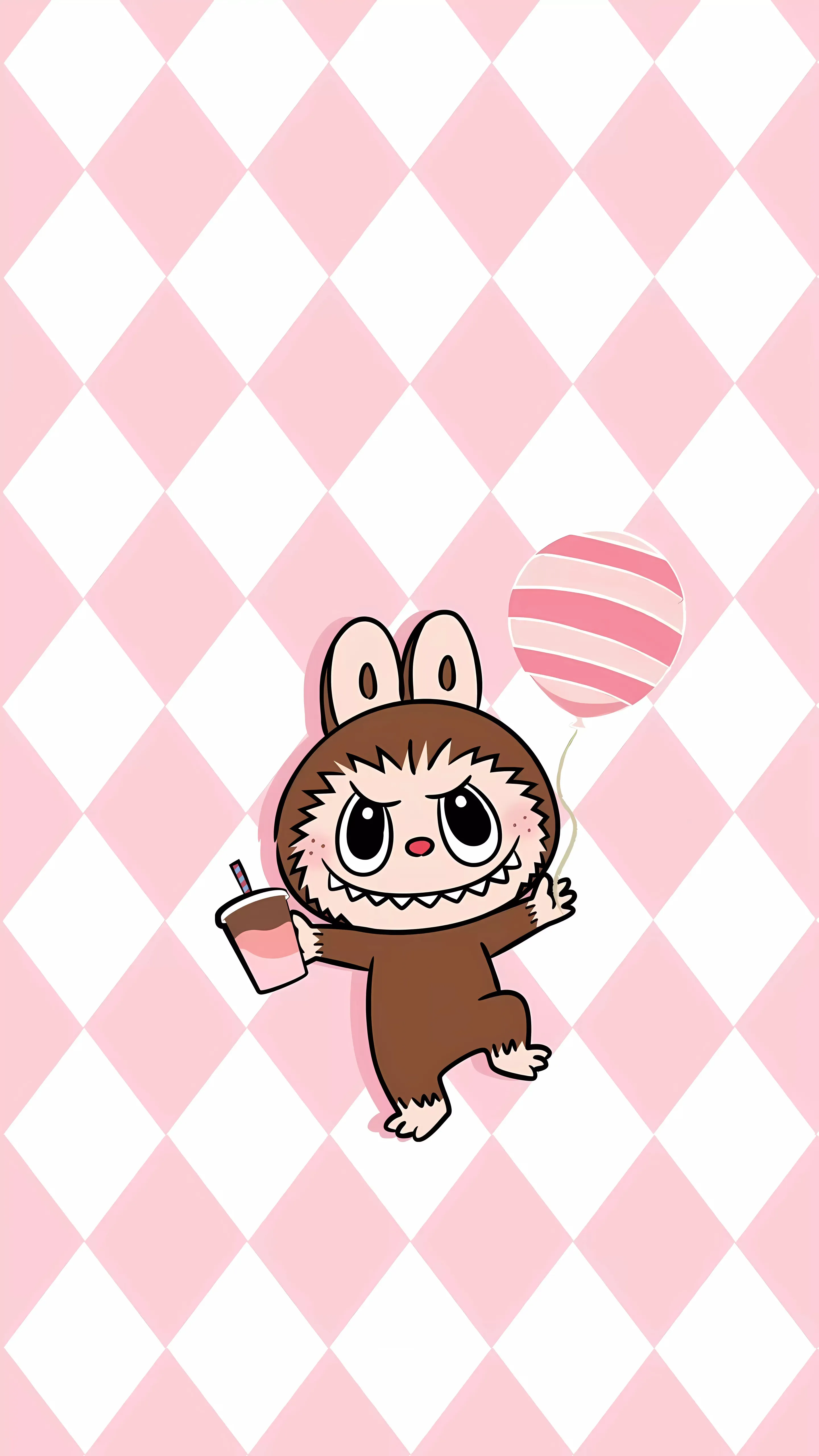 Brown Labubu holding a pink balloon and drink on pink checkered background
