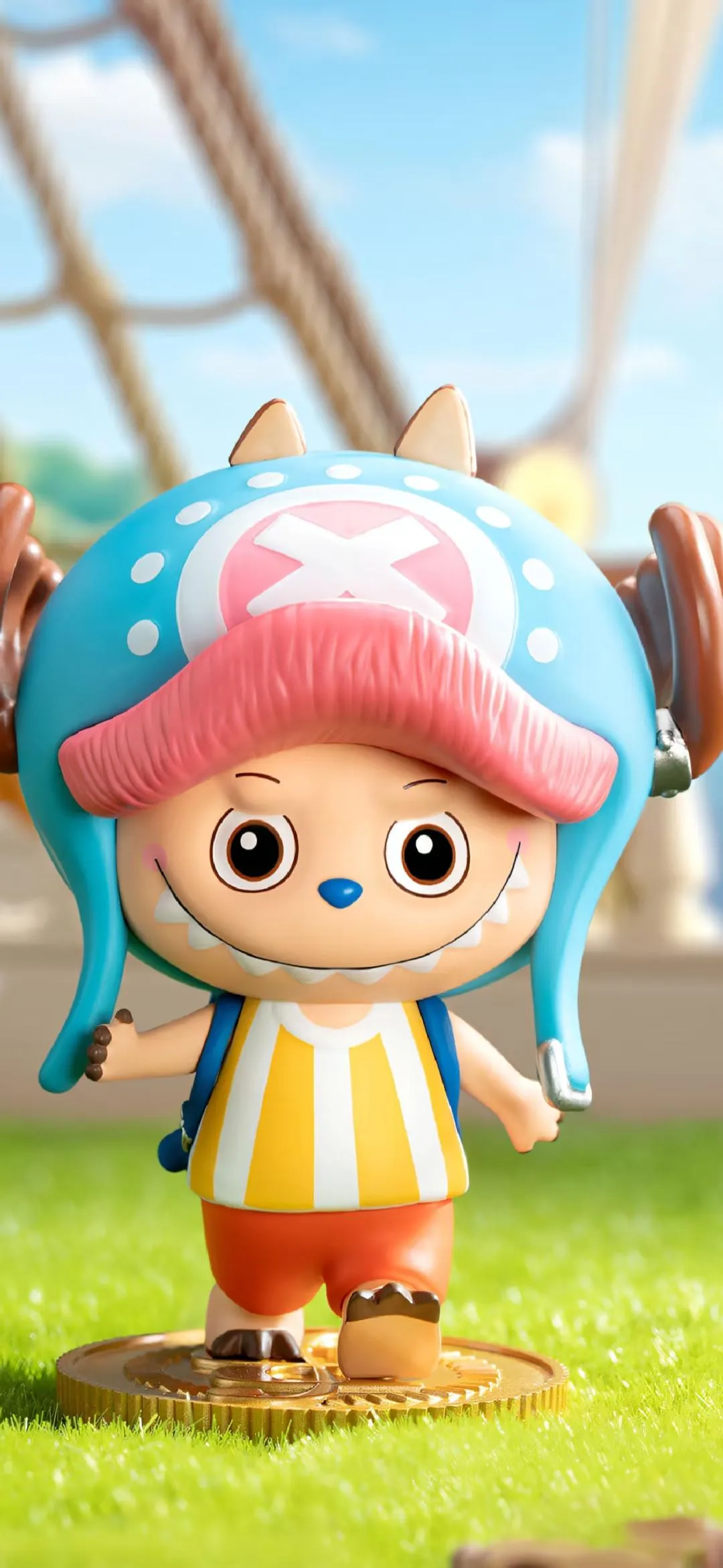 Labubu cosplaying as Tony Tony Chopper from One Piece with blue antler hat