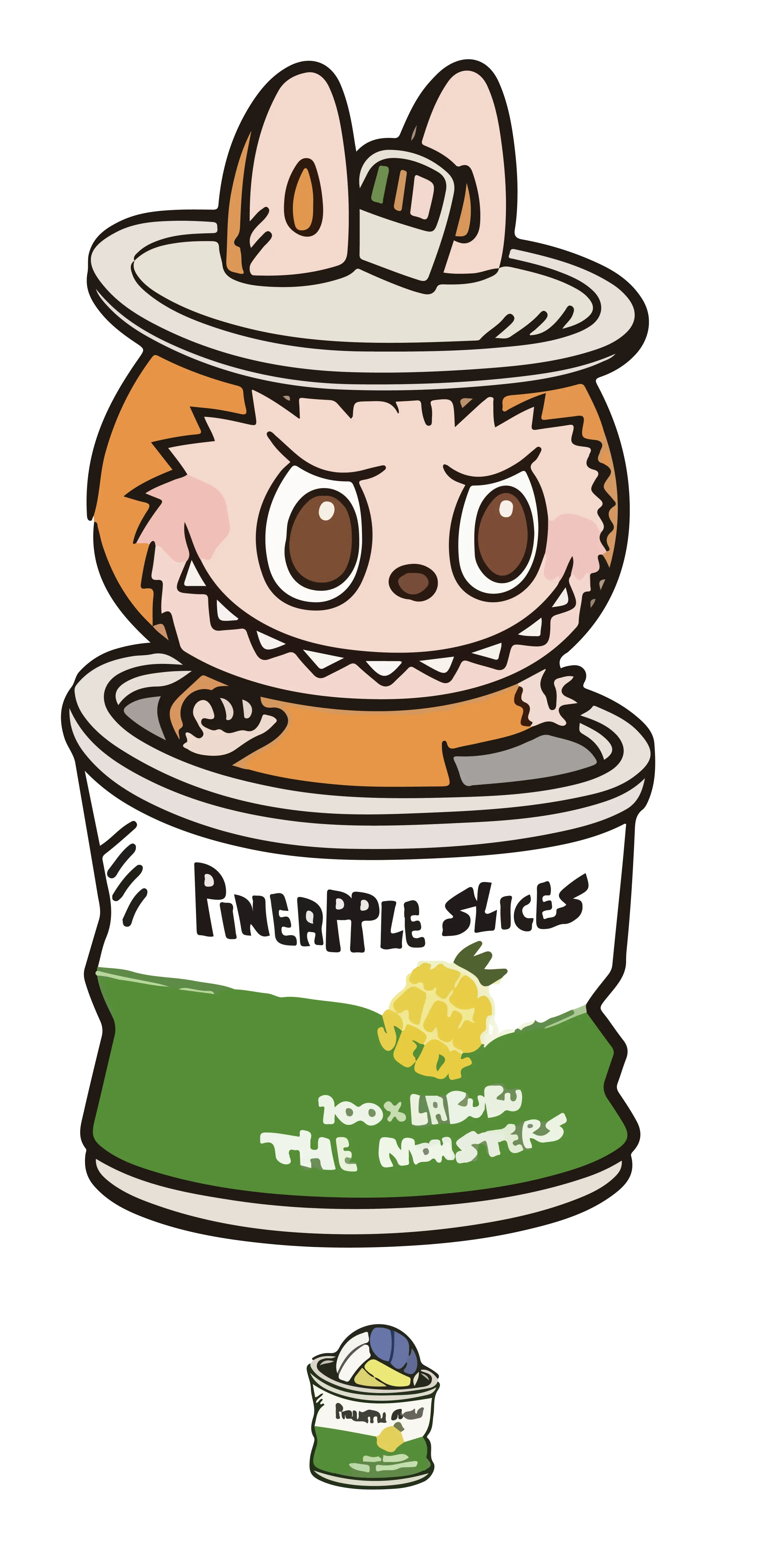 Orange Labubu in bunny ears sitting in pineapple can, quirky cartoon style