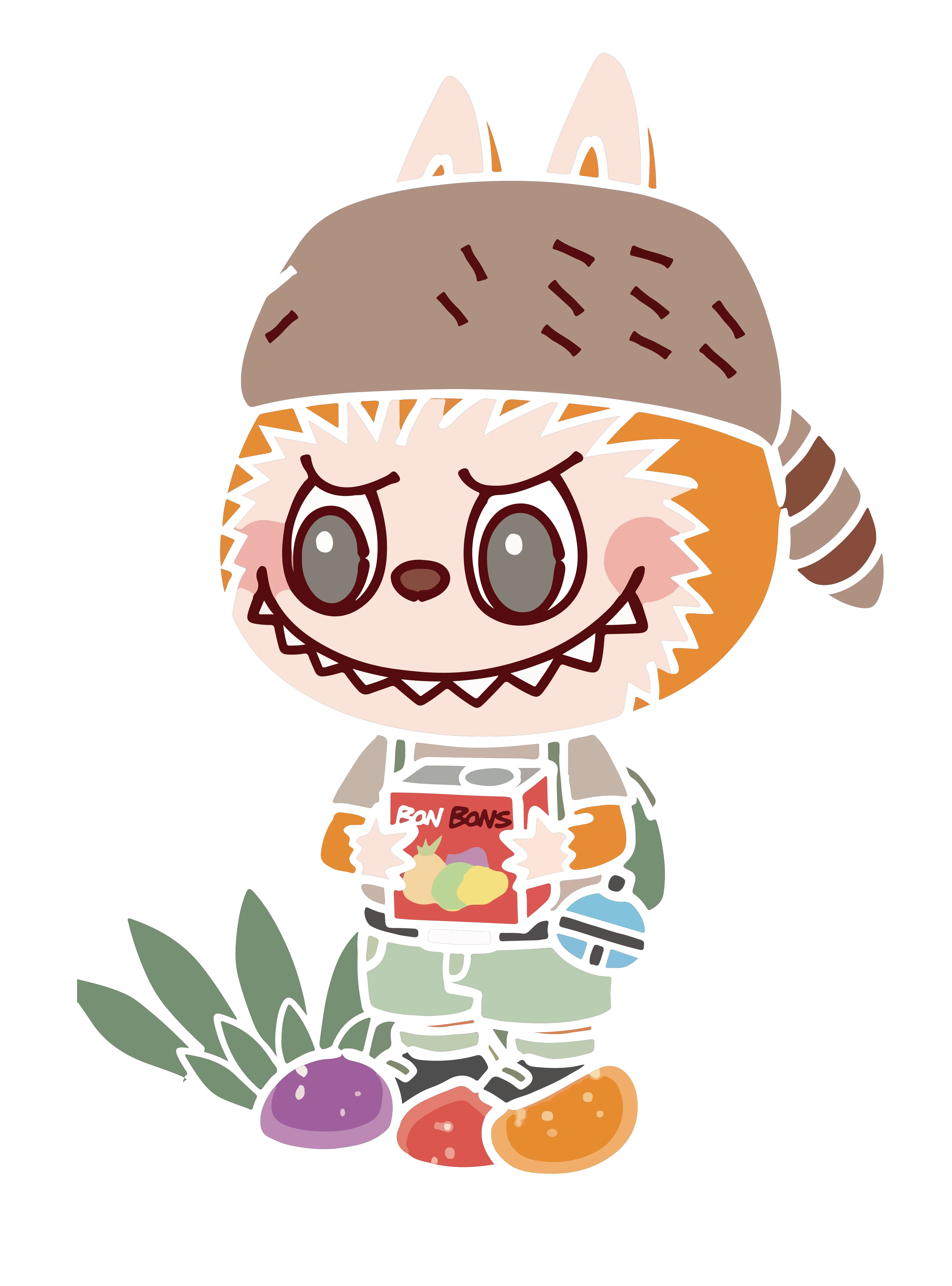 Orange Labubu with sly smile, grey hat, bonbons jar, playful cartoon scene