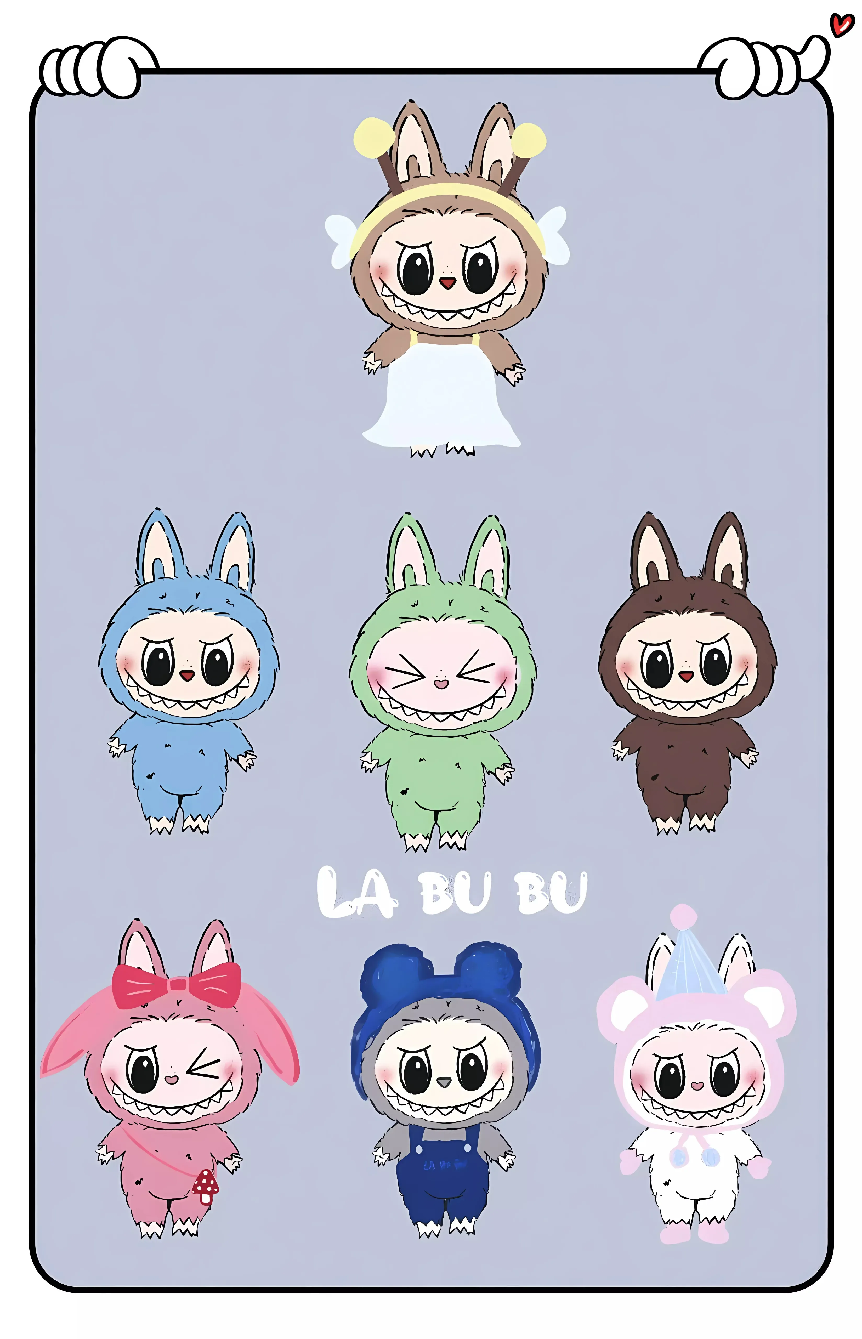 Labubu in angel, bunny, bear, party costumes, pastel cartoon, lavender background