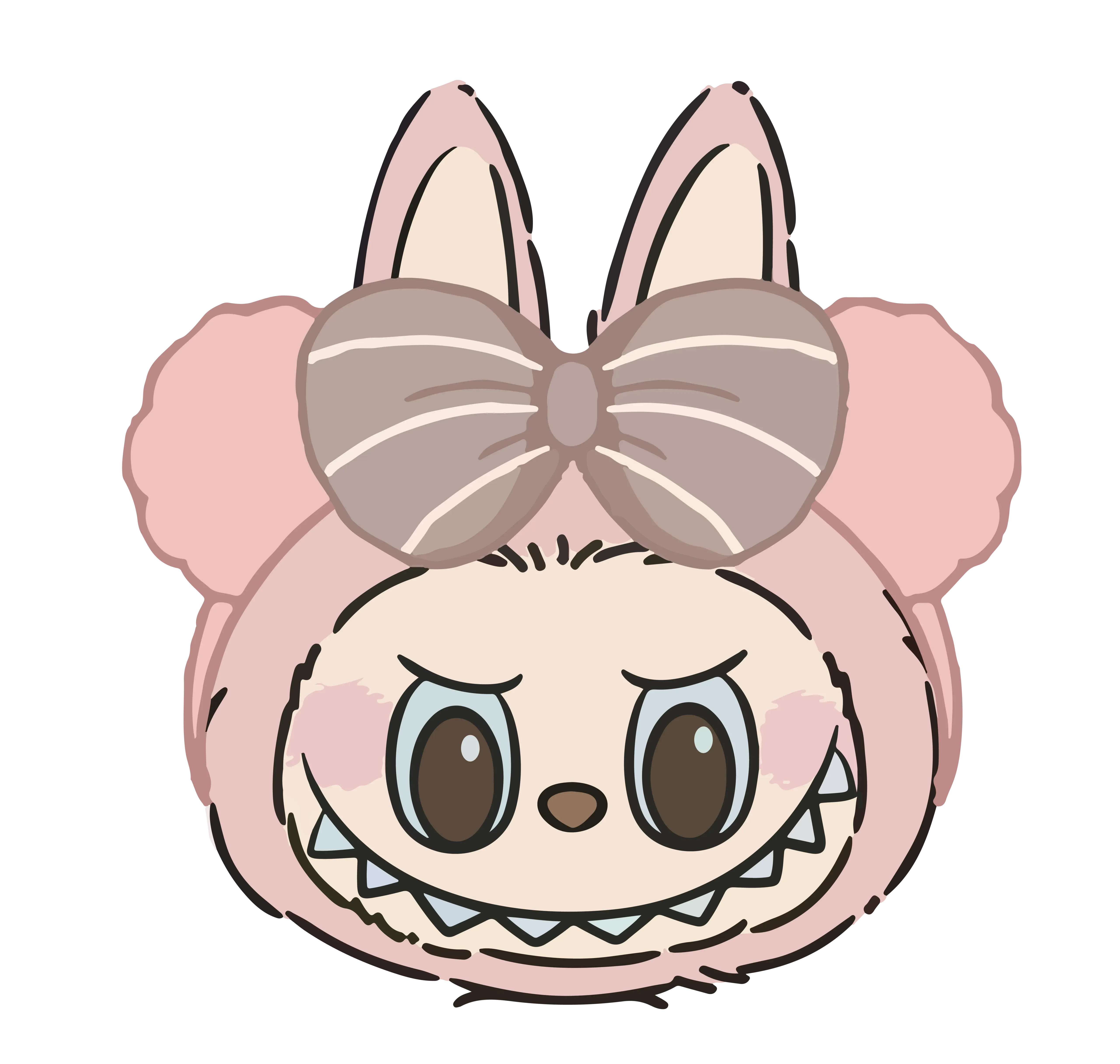 Pink Labubu head with fluffy bunny hood, large bow, sweet cartoon style