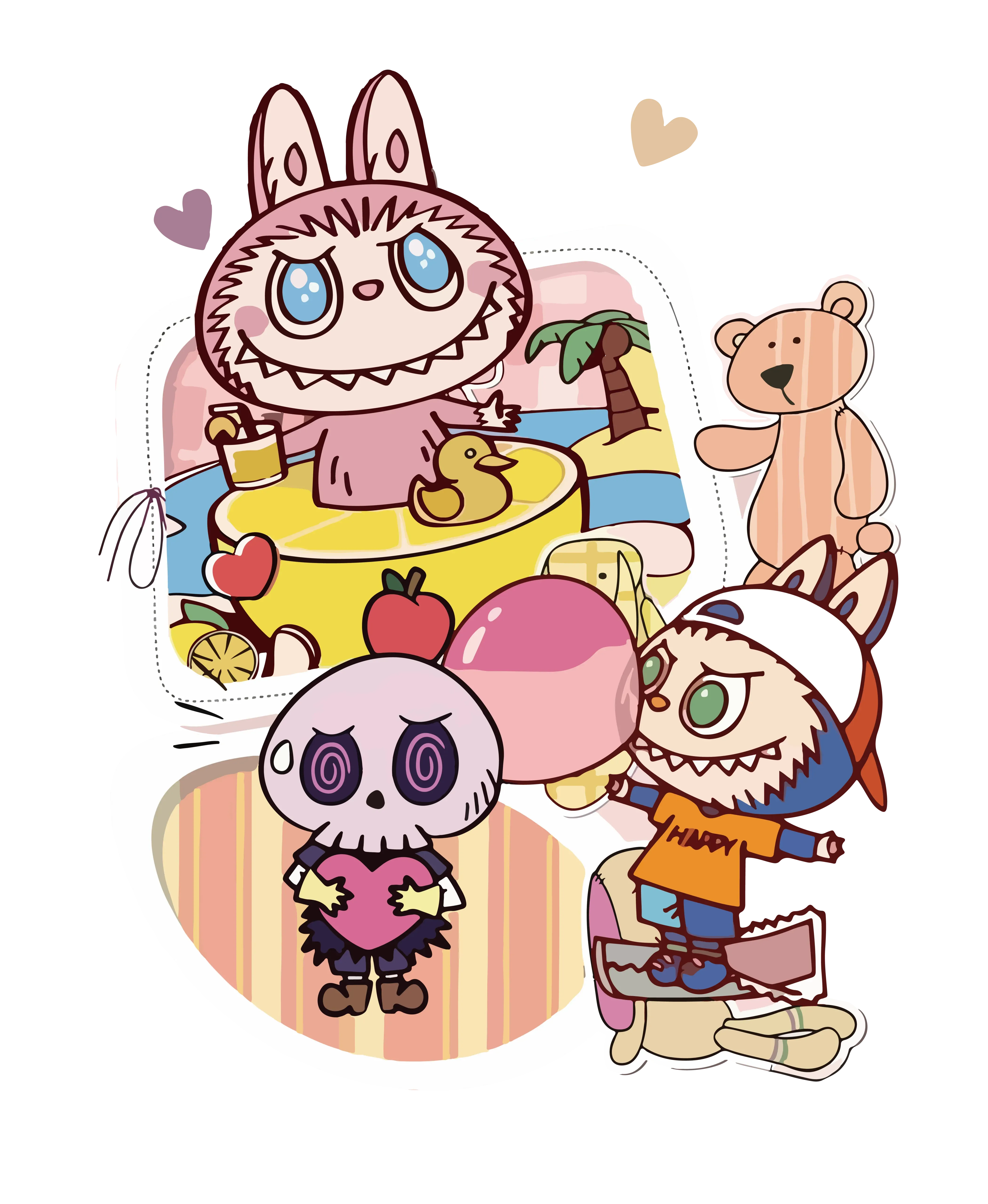 Labubu pool scene, candy, blue eyes, skull friend, roller skates, hearts, cartoon
