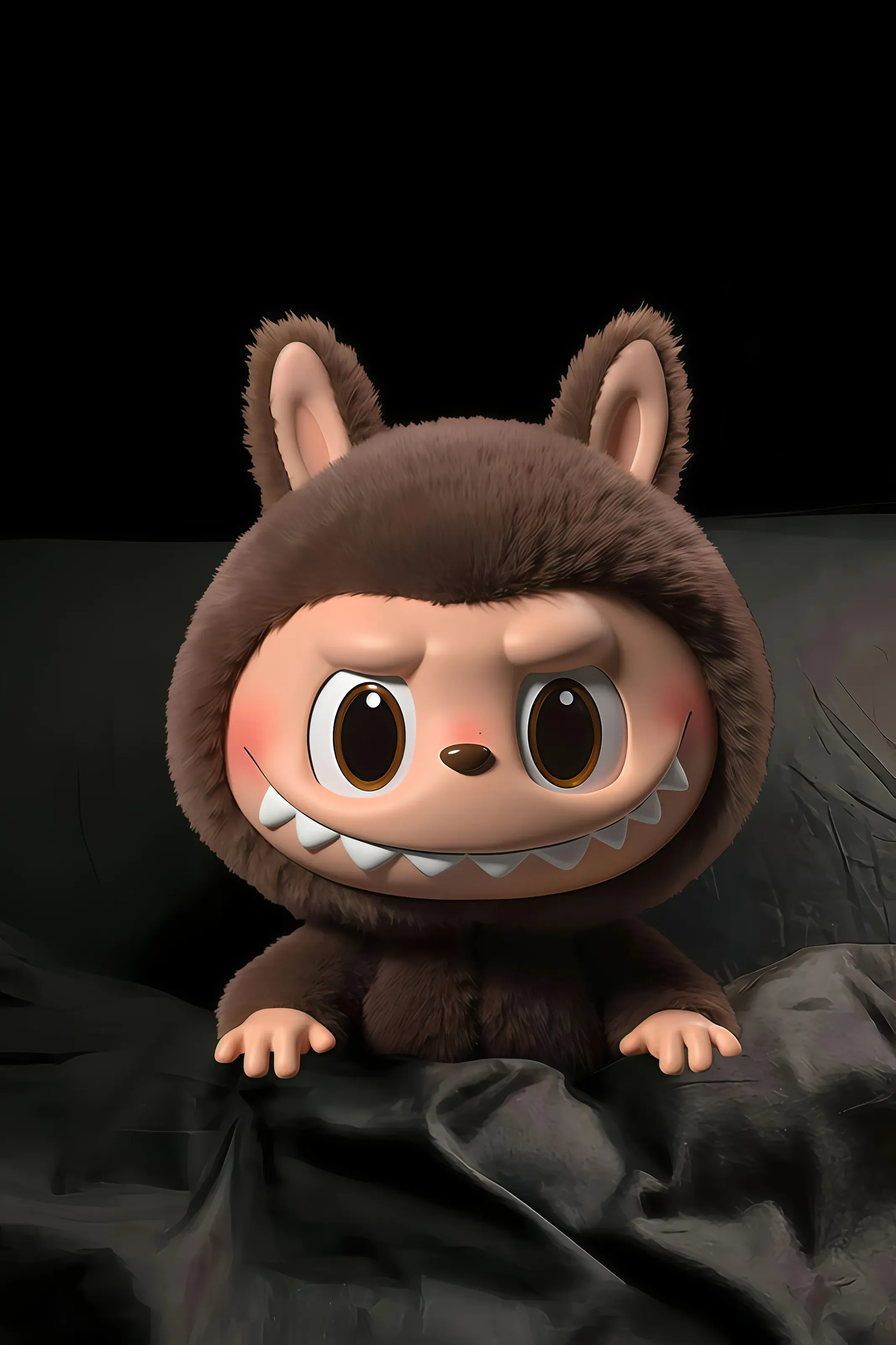 3D Labubu plush with dark fur sitting on black satin bed, black background