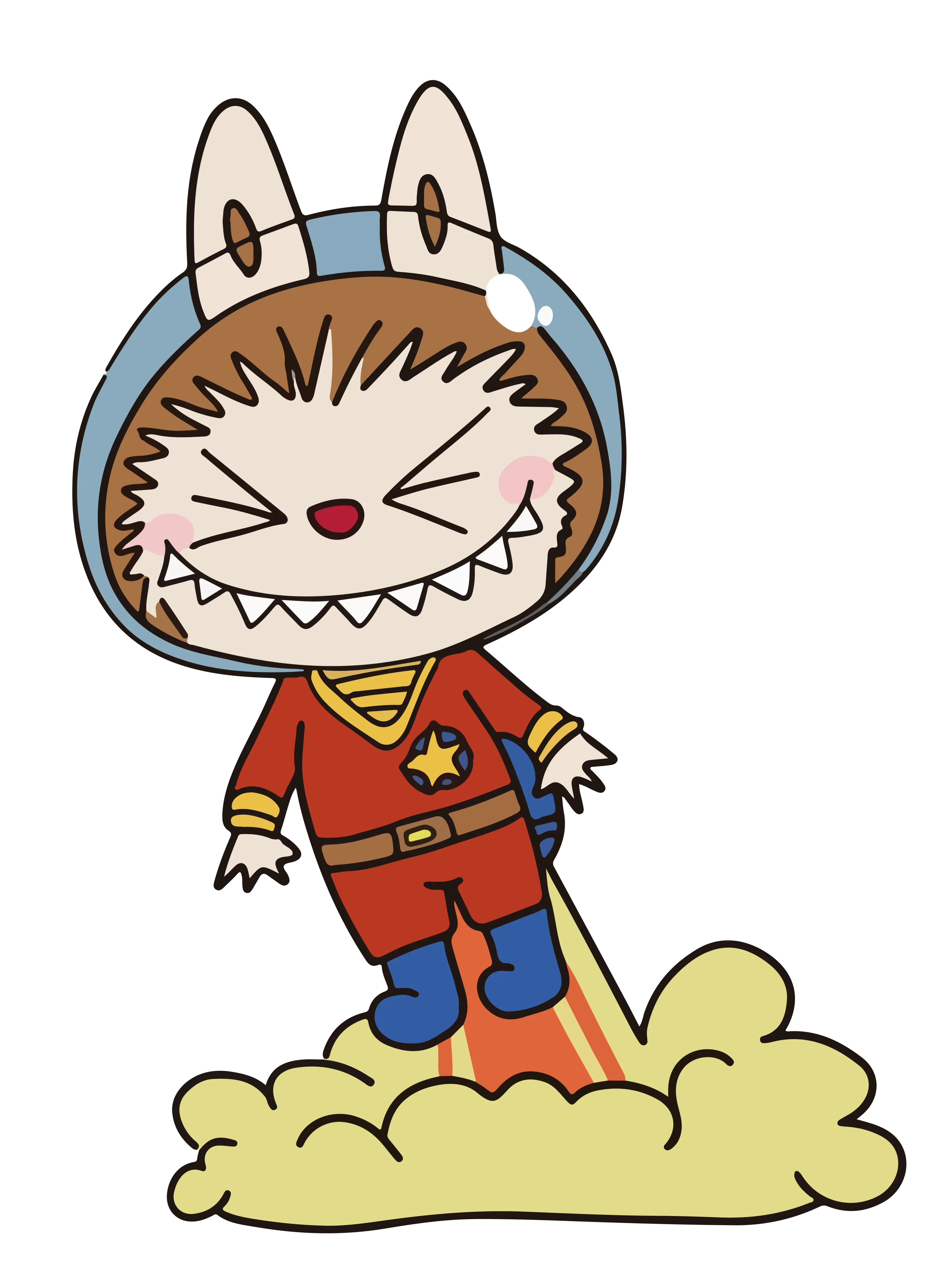Labubu in space helmet and red spacesuit, flying up with rocket flames, smiling