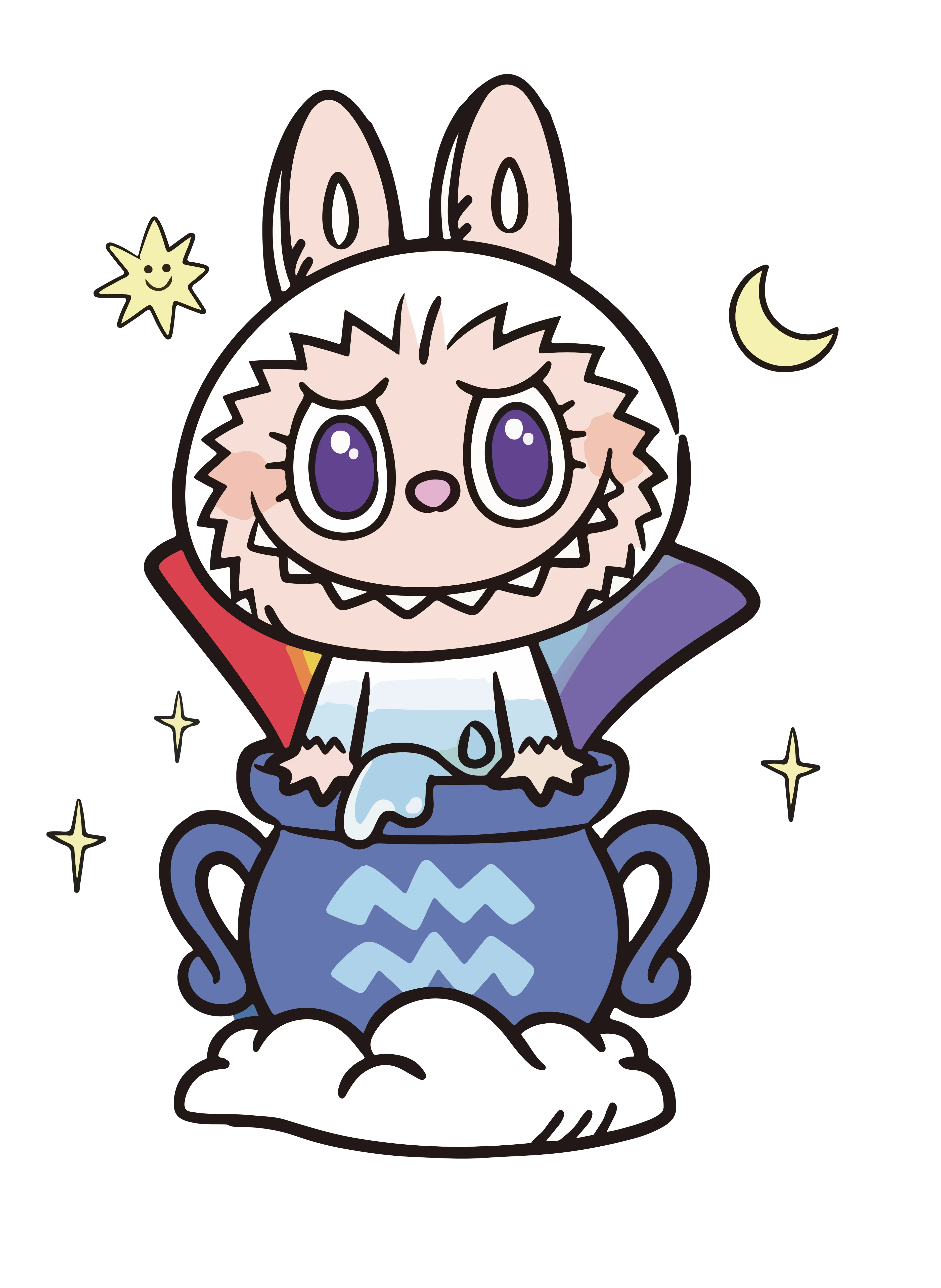 White Labubu with purple eyes in Aquarius cauldron, starry night cartoon
