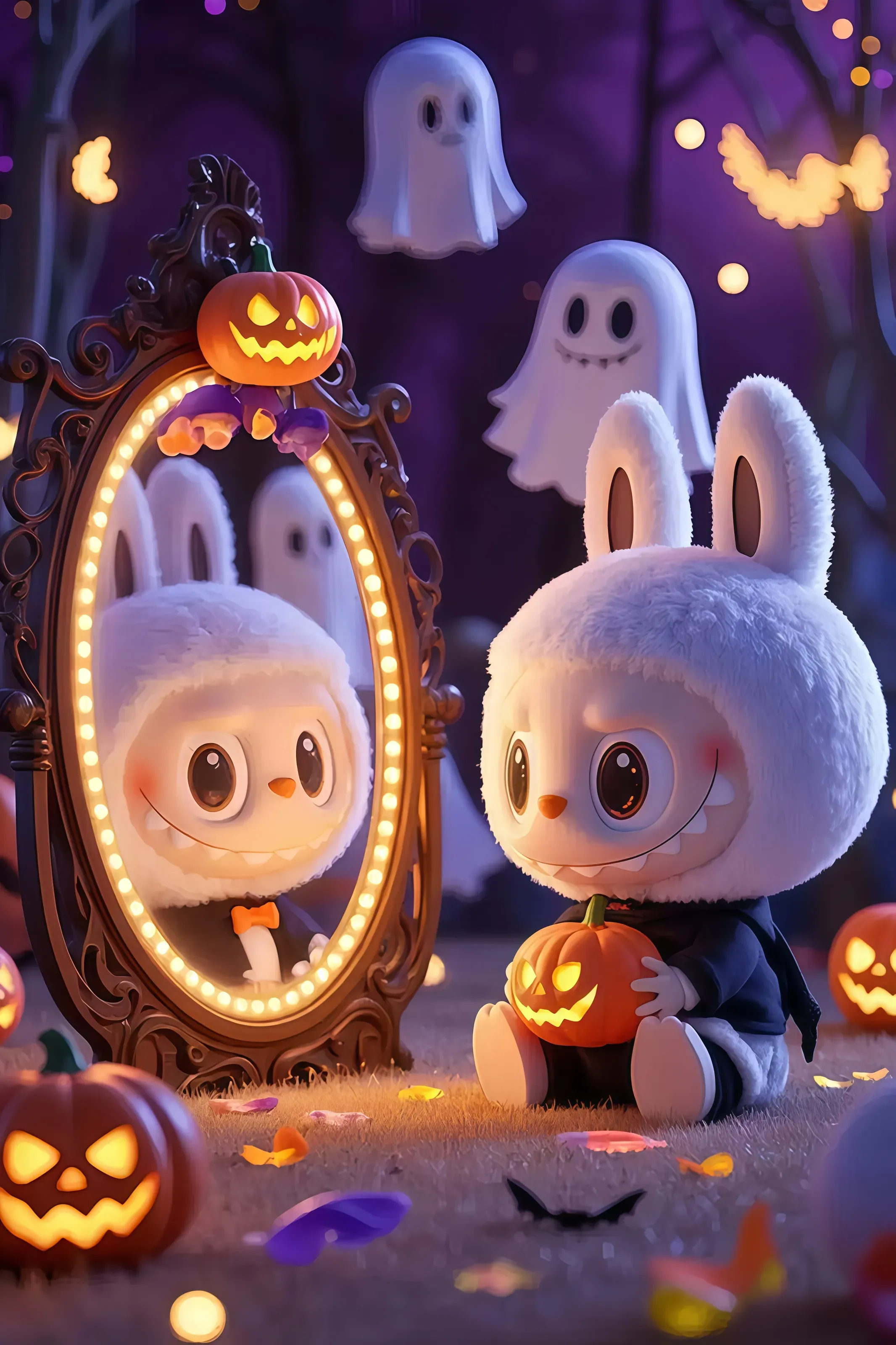 Labubu in white bunny suit, glowing pumpkin, Halloween decor, dark purple forest