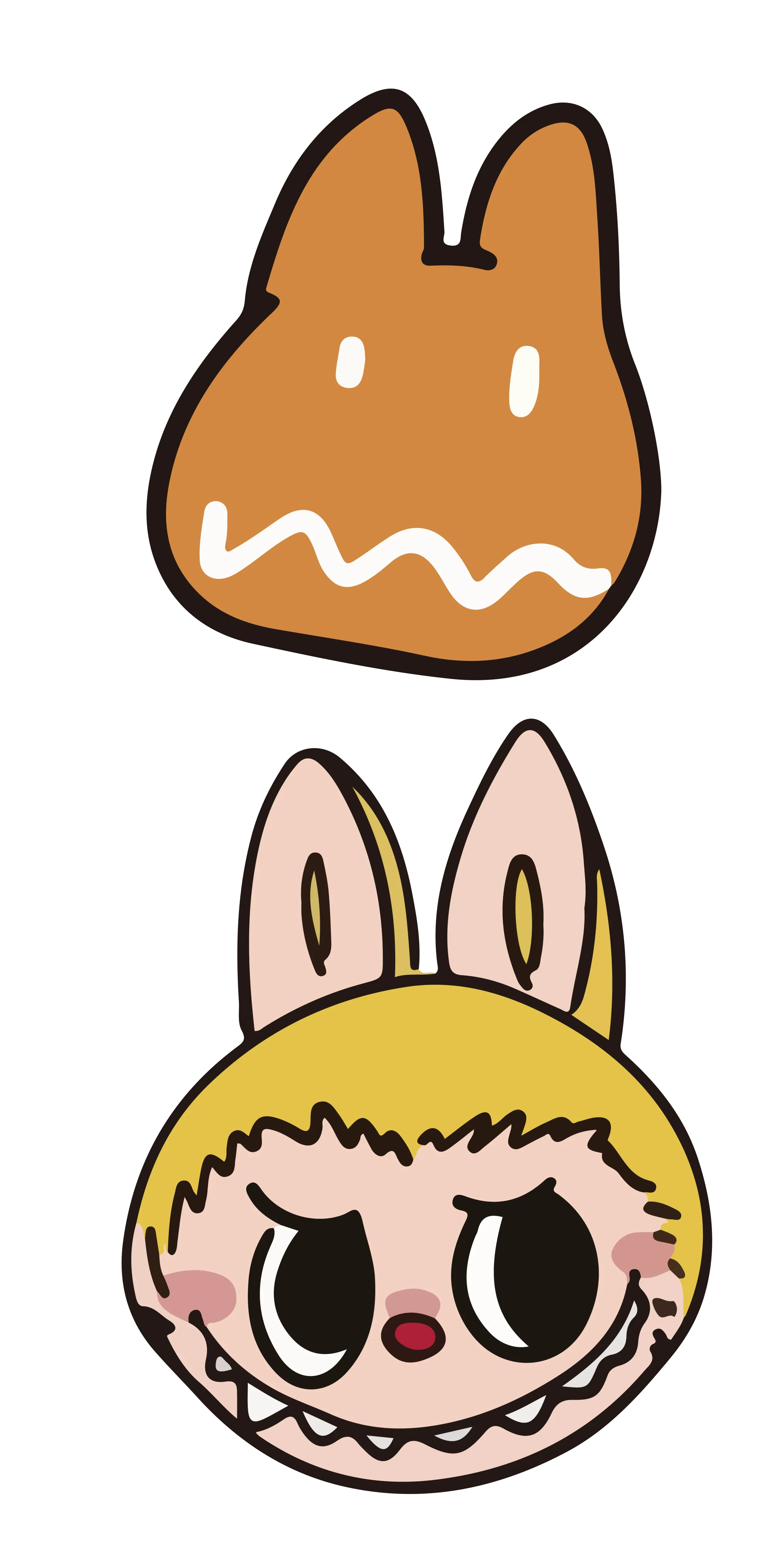 Yellow Labubu head with bunny ears and doodle accent, quirky cartoon style
