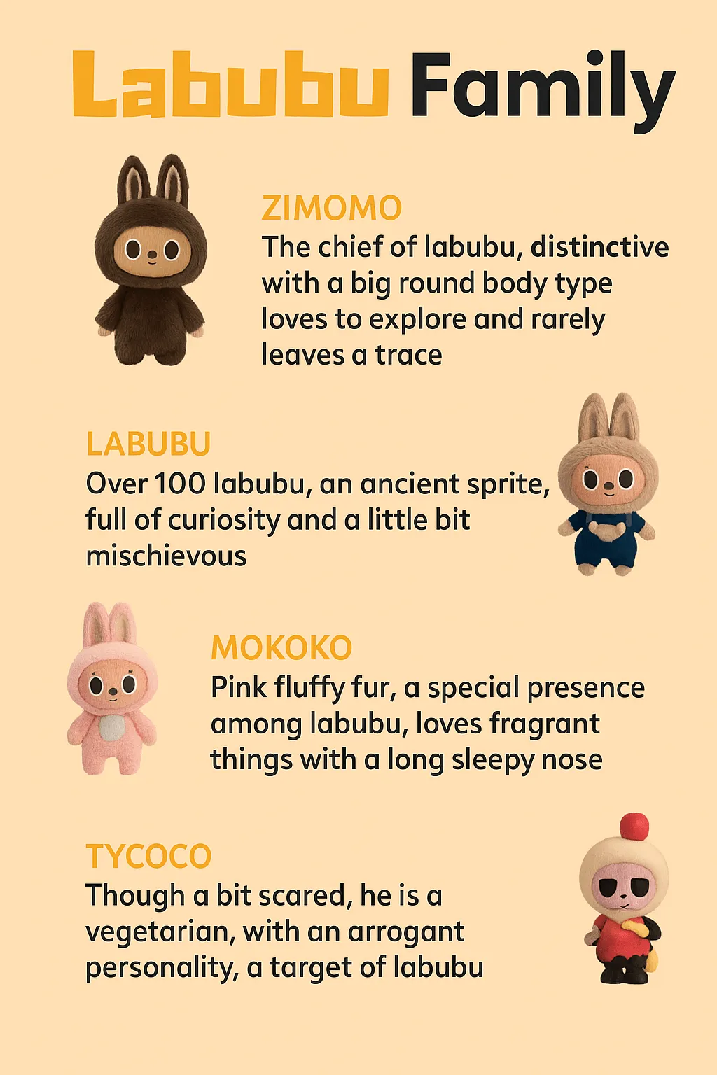 Labubu character introduction infographic with Zimomo, Labubu, Mokoko, and Tycoco featuring cute personalities and toy visuals on beige background